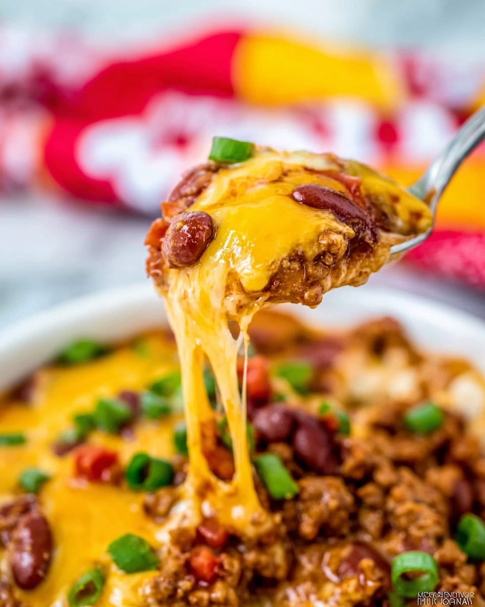 This image shows a close-up of a spoonful of chili cheese dip held above a white bowl filled with the same dip. The top layer is melted, gooey yellow cheese that stretches down from the spoon. Below the cheese layer, there are reddish-brown kidney beans mixed with ground meat that is cooked and saucy, visible with bits of red tomato and green chopped onions scattered on top and in the dip. The background has a soft focus with a white marbled surface and colorful blurred cloth in red, yellow, and white hues. The spoon and bowl create a warm, inviting contrast with the vibrant chili colors. Photo taken with an iphone --ar 4:5 --v 7