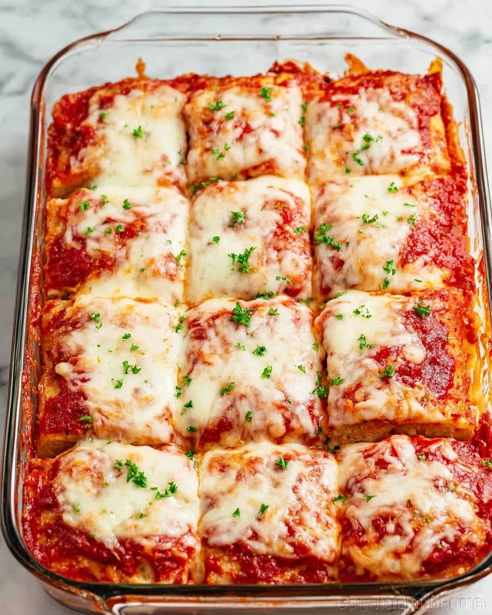 A glass baking dish filled with a nine-piece cheese pizza cut into rectangular slices. The pizza has a thick crust visible along the edges, with a bright red tomato sauce base and a thick layer of melted white cheese that is slightly golden and bubbly, covering the entire top. There are small green parsley pieces sprinkled evenly over the cheese for color contrast. The dish is placed on a white marbled surface, and the photo is taken from a slight angle to show the layers and texture clearly. photo taken with an iphone --ar 4:5 --v 7