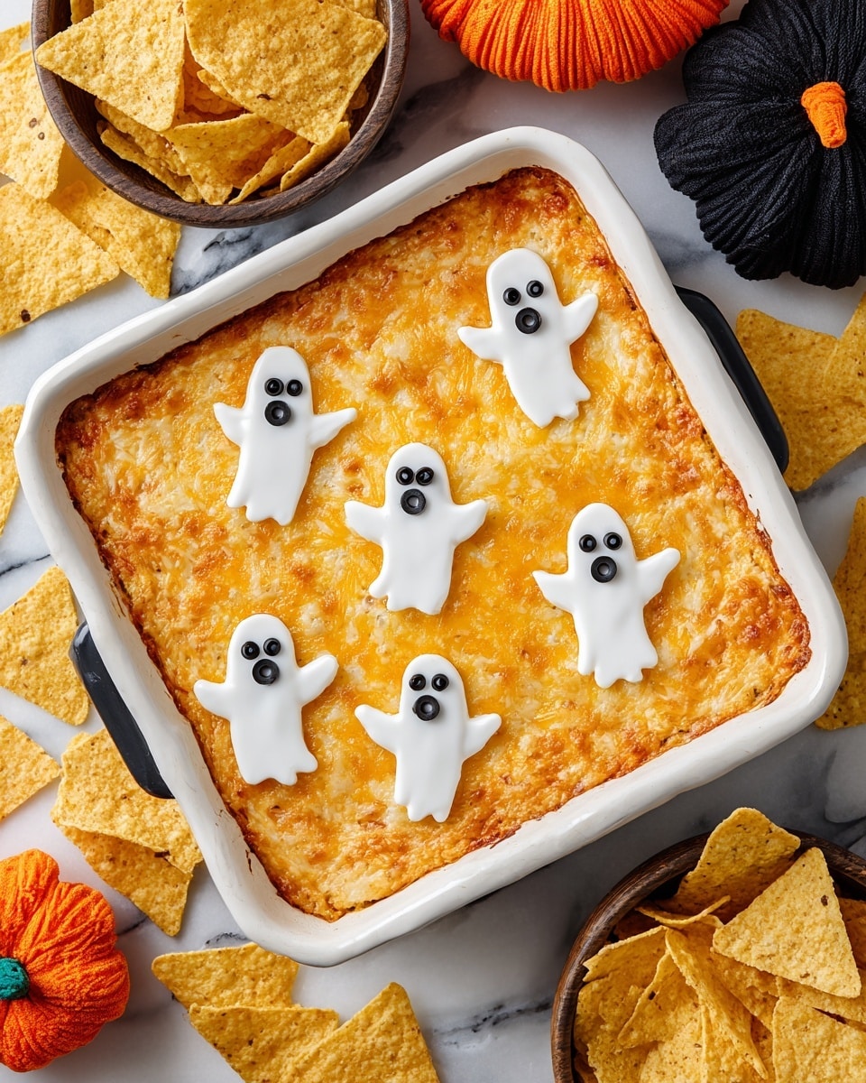 A square white baking dish holds a golden brown baked cheesy dip with a slightly crispy top layer and melted shredded cheese visible throughout. On top, six small ghost shapes made from smooth white cheese are evenly placed, each with two small black olive slices for eyes, giving a playful Halloween theme. The dish sits on a white marbled surface, surrounded by scattered yellow tortilla chips and a bowl of more chips. Decorative orange and black Halloween plush pumpkins are partially visible in the upper right corner. Photo taken with an iphone --ar 4:5 --v 7