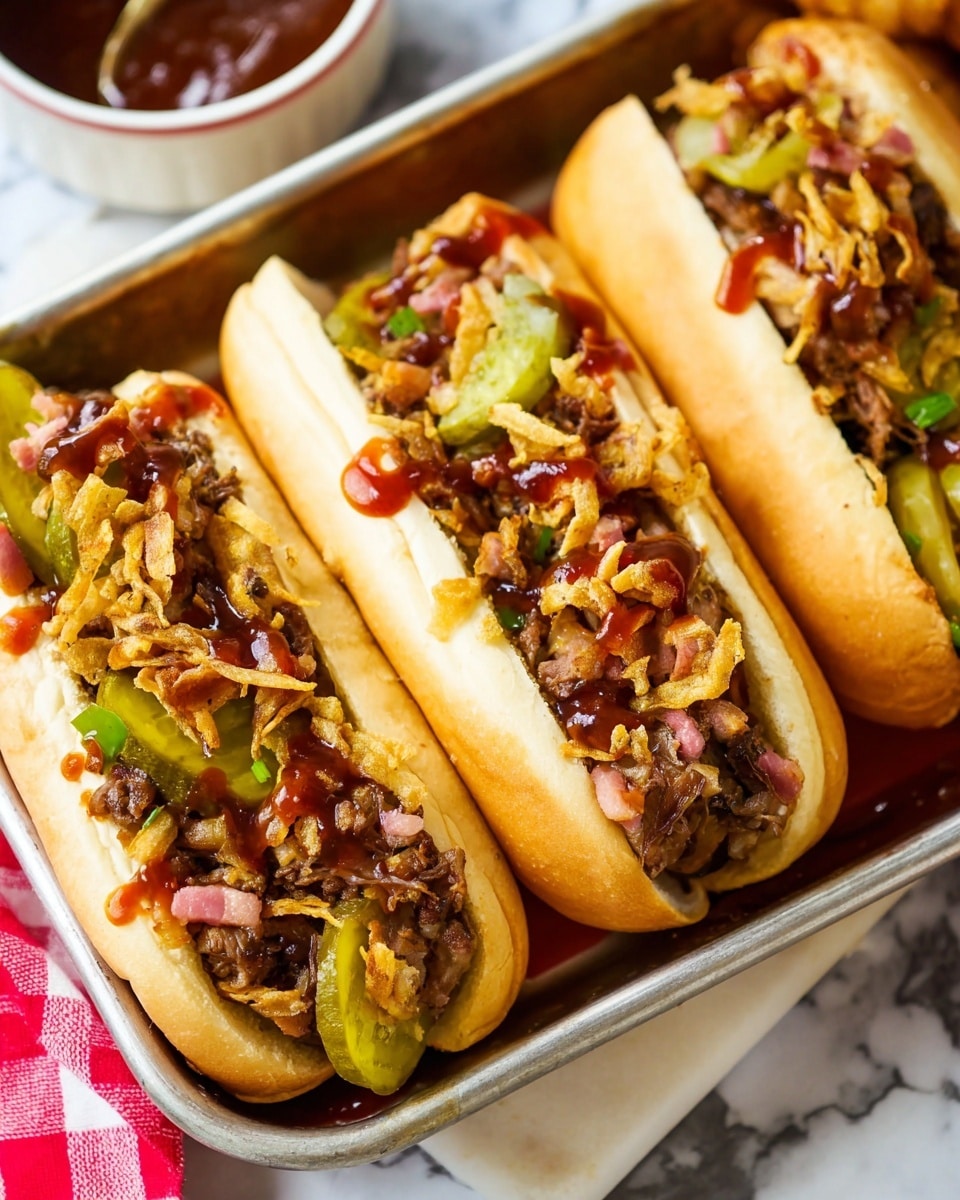 Three hot dogs sit side by side in a metal tray on a white marbled surface, each with a soft white bun holding layers of chopped grilled meat, green pickles, crispy fried onion pieces, and small bits of pink bacon. The buns are slightly open, showing the textured meat and topping mix inside. A drizzle of reddish-brown sauce runs over the top of the fillings, adding shine and contrast to the layers. In the background, there is a glimpse of a white bowl with dark red sauce and a red and white checkered cloth. photo taken with an iphone --ar 4:5 --v 7
