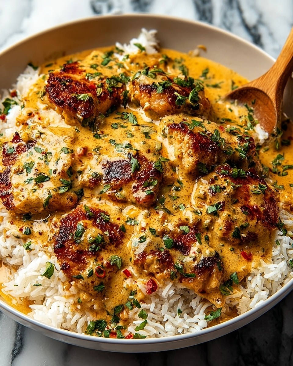 A white bowl filled with a base layer of cooked white rice, topped with seven pieces of browned chicken that have a crispy texture. The chicken pieces are covered in a creamy, yellow-orange sauce with specks of green herbs and small bits of red, giving it a rich and thick appearance. Fresh finely chopped green herbs are sprinkled over the entire dish, adding a fresh touch. A wooden spoon is partially visible in the bowl, and the bowl is set on a white marbled surface. Photo taken with an iphone --ar 4:5 --v 7