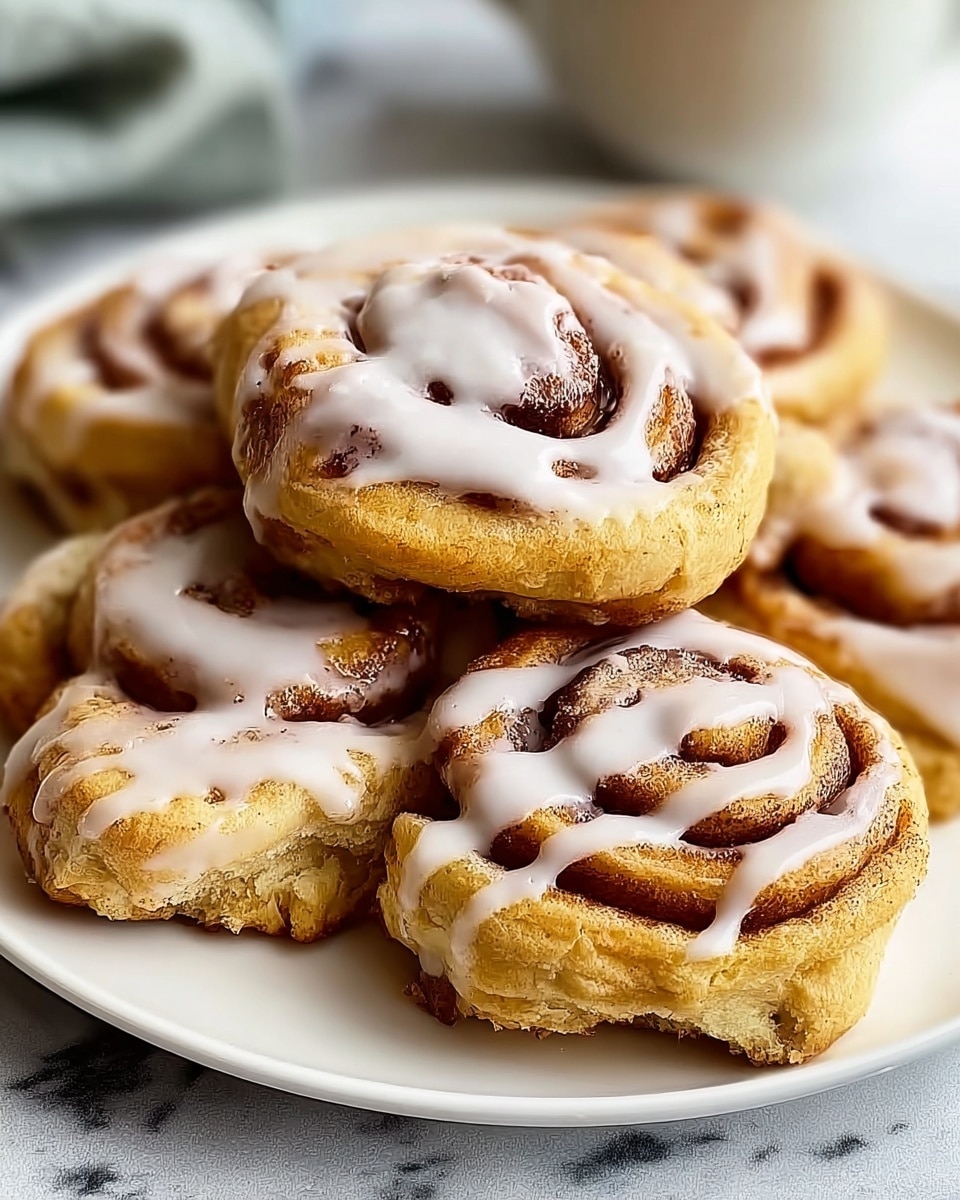 A stack of soft, round cinnamon rolls sits on a white plate, each roll showing a spiral shape with layers of light golden brown dough swirled with a darker brown cinnamon filling. The top layer of each roll is generously drizzled with smooth, glossy white icing that has a slightly uneven texture, adding contrast to the warm tones of the pastry. The rolls are close together, with the front roll in sharp focus and the others softly blurred in the background, all placed on a white marbled surface. Photo taken with an iphone --ar 4:5 --v 7