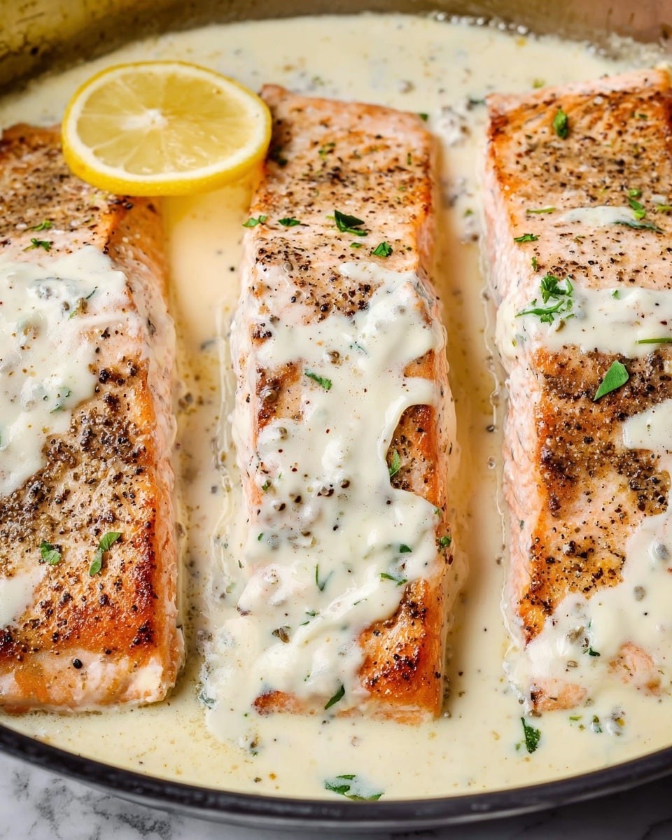 The image shows three thick salmon fillets arranged side by side in a pan, each with a rich, creamy white sauce draped over the top and sides. The salmon is cooked to a golden brown with a slightly crispy, pepper-speckled surface, revealing tender, pink flesh underneath. A wedge of lemon peeks out between the fillets, adding a bright yellow color contrast. Small green herb pieces are sprinkled on the sauce, adding a fresh touch to the creamy texture. The background is a white marbled texture. photo taken with an iphone --ar 4:5 --v 7