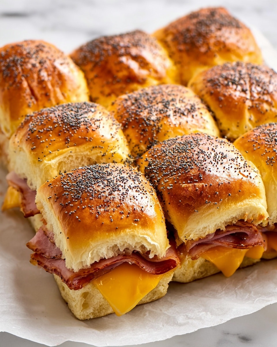 The image shows a group of nine soft, golden-brown sandwich rolls, each topped with dark poppy seeds, arranged closely together forming a square shape. Each roll has a slightly shiny, smooth texture with faint wrinkles on the surface. Inside, visible between the bottom and top buns, are layers of cooked, reddish-brown ham slices with slightly crispy edges, and bright yellow melted cheese that peeks out from under the meat. The sandwiches are placed on white parchment paper over a white marbled texture. photo taken with an iphone --ar 4:5 --v 7