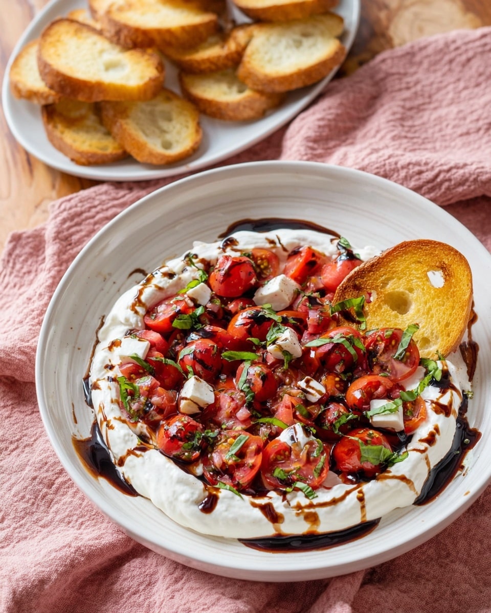 A white plate filled with a creamy white yogurt base spreading around the surface as the bottom layer, topped with a colorful mixture of chopped red cherry tomatoes, small pieces of white mozzarella, and fresh green basil leaves scattered evenly across the top. Dark brown balsamic glaze is drizzled in swirls over the tomatoes and yogurt, adding a glossy texture. On the edge of the plate, a single golden toasted bread slice leans against the yogurt. In the background, another white plate holds several more slices of golden toasted bread. The scene is set on a wooden table covered partly by a soft pink, textured cloth. Photo taken with an iphone --ar 4:5 --v 7