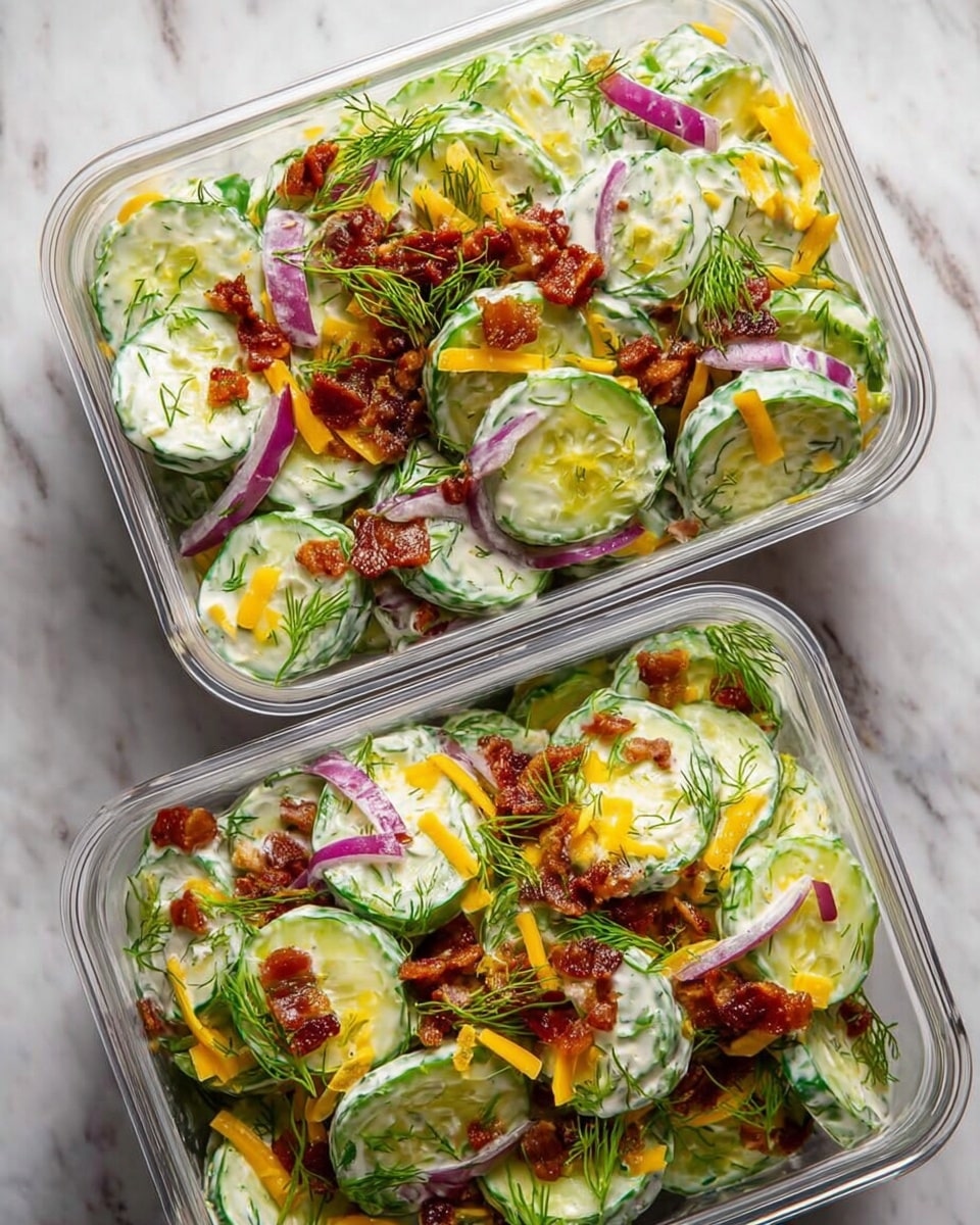 Two clear rectangular containers filled with a fresh cucumber salad are placed on a white marbled surface. Each container holds multiple round slices of bright green cucumber coated in a creamy white dressing with visible specks of dill. Thin strips of purple onion are scattered throughout, adding pops of color. Small pieces of crispy browned bacon are sprinkled over the salad, along with thin shreds of yellow cheddar cheese. Fresh green dill sprigs are also mixed in and lightly placed on top, adding texture and color contrast. The overall look is fresh and vibrant, with layers of creamy, crunchy, and savory elements. Photo taken with an iphone --ar 4:5 --v 7