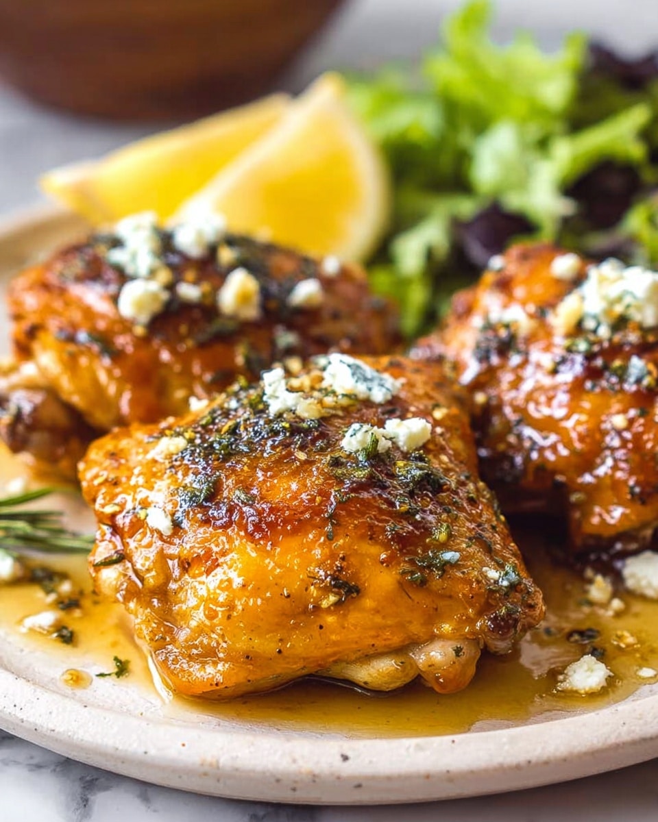 The image shows three pieces of cooked chicken thighs with crispy, golden brown skin on a white plate. The chicken pieces have a shiny glaze coating with herbs scattered on top, along with white crumbles of cheese adding texture. Around the chicken thighs, there are small bits of seasoning and a light sauce pooling at the base of the plate. In the background, there is part of a green salad visible, and slices of lemon placed near the chicken, enhancing the visual freshness. The whole setting rests on a white marbled surface. photo taken with an iphone --ar 4:5 --v 7