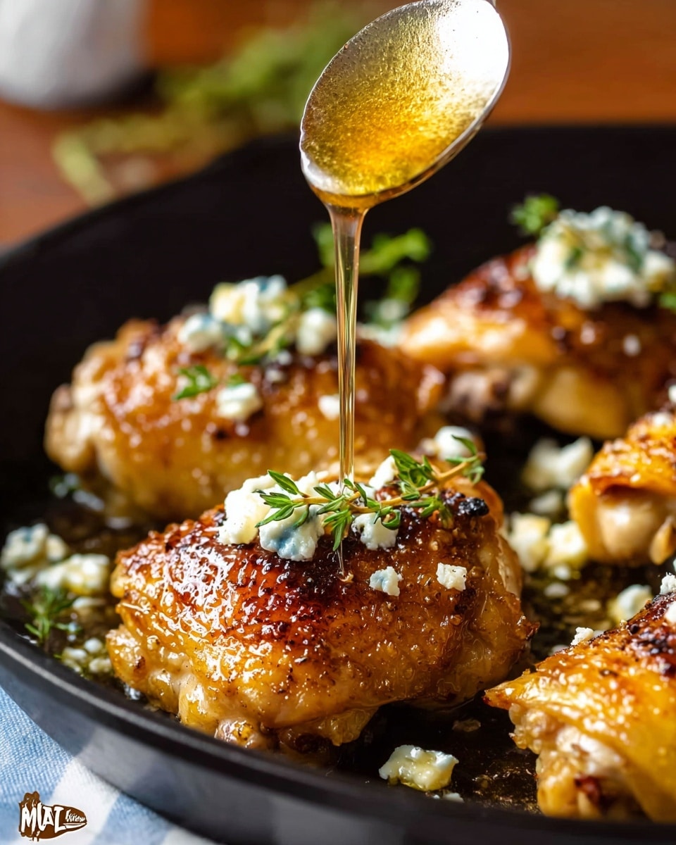 The image shows a close-up of golden-brown cooked chicken thighs in a black pan. The chicken pieces are topped with small white crumbles of cheese and garnished with fresh green thyme sprigs. A spoon above the chicken is pouring a light golden honey-like sauce over the chicken, creating a shiny glaze. The texture of the chicken skin looks crispy and caramelized. The background features a soft focus with warm tones and a white marbled surface beneath the pan. Photo taken with an iphone --ar 4:5 --v 7