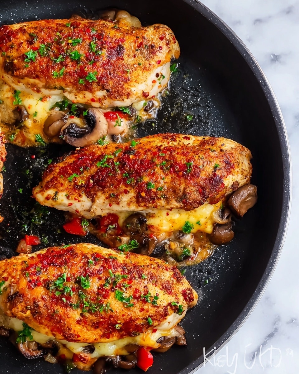 The image shows three pieces of stuffed chicken breast cooking in a black pan, each with a crispy, golden-brown top layer seasoned with red spices and sprinkled with green herbs. The middle layer peeks through the chicken, revealing melted light yellow cheese and sautéed brown mushrooms along with small red pepper pieces. The chicken breasts are slightly open to show the stuffing inside and are surrounded by small bits of cheese, mushrooms, and red peppers scattered in the pan on a white marbled background. photo taken with an iphone --ar 4:5 --v 7