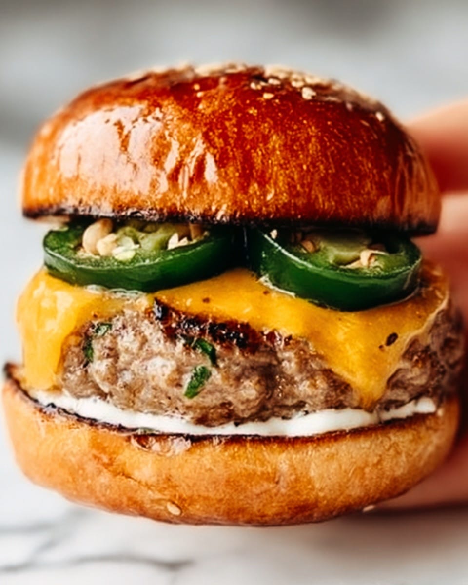 A close-up image of a burger with a shiny toasted bun on top, followed by two dark green jalapeño slices lying on two overlapping bright orange cheddar cheese slices. Under the cheese is a thick, juicy, lightly browned beef patty with small visible herbs. At the bottom is a glossy toasted bun spread with a white creamy sauce. The burger is held by a woman's hand, set against a white marbled surface. photo taken with an iphone --ar 4:5 --v 7