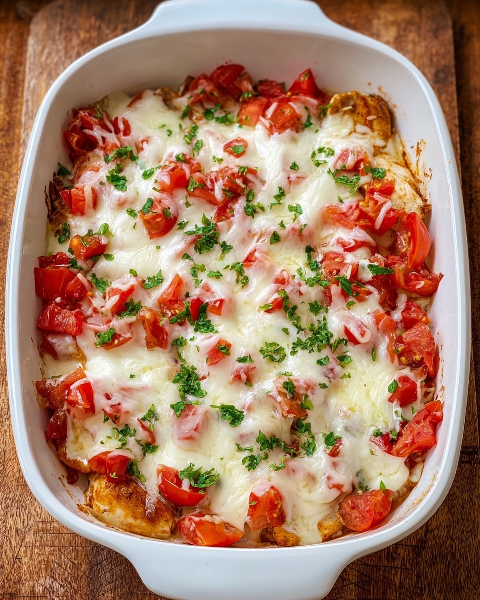 A white baking dish filled with a baked dish showing three main layers: the bottom layer has light golden cooked chicken pieces, the middle layer is bright red chopped tomatoes, and the top layer is melted white cheese covering the tomatoes and chicken, with small green herb bits sprinkled evenly on top. The cheese is soft with some slight browning in spots, and the tomatoes appear juicy with varied red shades. The dish sits on a wooden surface. photo taken with an iphone --ar 4:5 --v 7