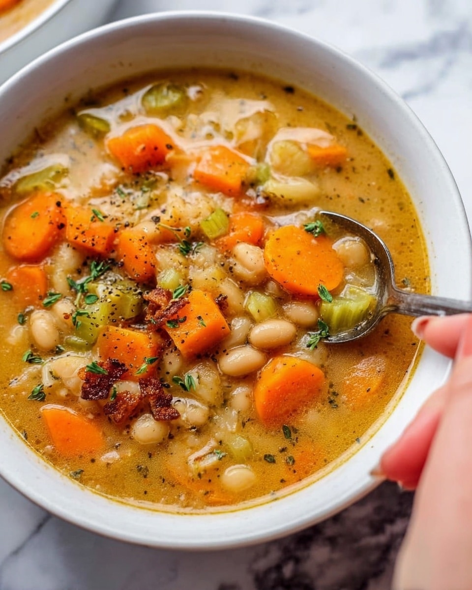 A white bowl filled with thick vegetable soup showing three main layers: the bottom layer is golden broth with a slightly oily shine, the middle is full of chunky vegetables including orange carrot cubes, green celery pieces, and white beans, and the top layer is sprinkled with small green herbs and black pepper bits. There are some browned, crispy bits on top and a spoon partially dipped in the soup held by a woman's hand at the edge of the bowl. The background is a white marbled surface. Photo taken with an iphone --ar 4:5 --v 7