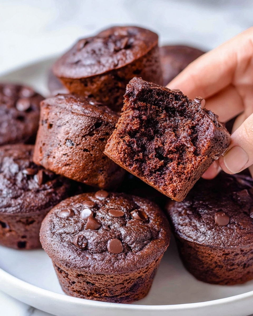 A close-up image of several chocolate muffins piled on a white plate, each muffin showing a rich dark brown color with a slightly cracked top textured with melty chocolate chips. One muffin is held by a woman's hand, broken in half to reveal its moist, dense, chocolate-speckled inside with a soft crumb structure. The background is a white marbled surface, enhancing the deep chocolate color of the muffins. Photo taken with an iphone --ar 4:5 --v 7