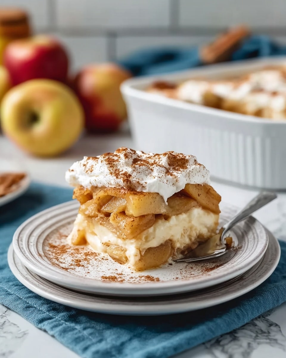 A slice of apple dessert is placed on a stack of three white plates with ridged edges, on top of a blue cloth. The dessert has three main layers: a bottom creamy layer that looks soft and smooth, a middle layer filled with cooked apple slices that are light brown and golden, and a top layer covered with white whipped cream lightly dusted with brown cinnamon powder. Some cinnamon powder is also sprinkled on the plate around the dessert. A silver fork rests on the right side of the plates. In the background, there is a white baking dish filled with more apple dessert, and blurred apples and kitchen items on a white marbled surface. photo taken with an iphone --ar 4:5 --v 7