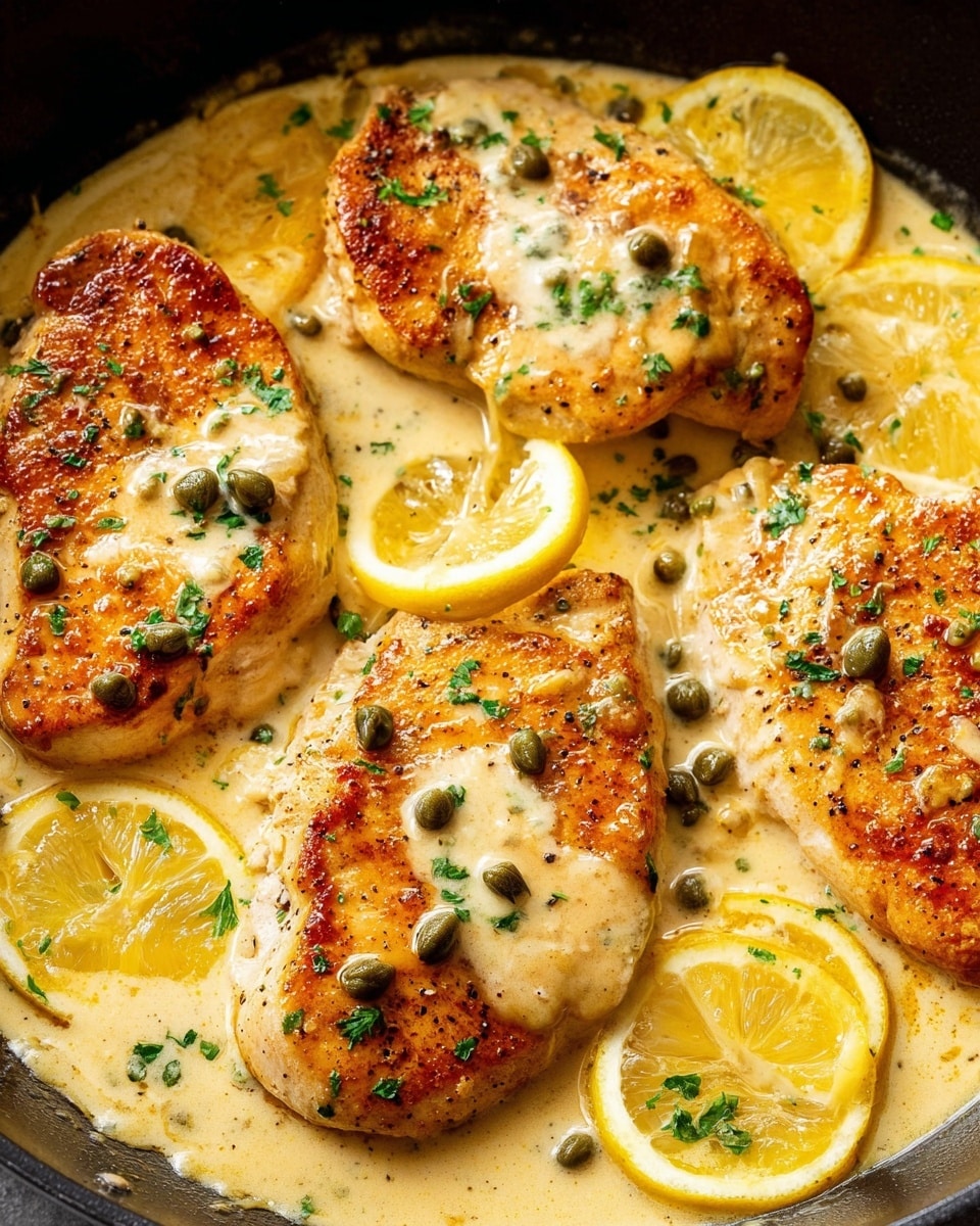 The image shows four golden-brown chicken breasts in a creamy, light yellow sauce. The chicken has a slightly crispy texture with small chopped green herbs sprinkled on top. There are several small, round green capers scattered on the chicken and in the sauce. Around the chicken pieces, there are thick lemon wedges with bright yellow skin and pale inner flesh. The dish is inside a black pan, with the creamy sauce pooling around the chicken and lemons. photo taken with an iphone --ar 4:5 --v 7