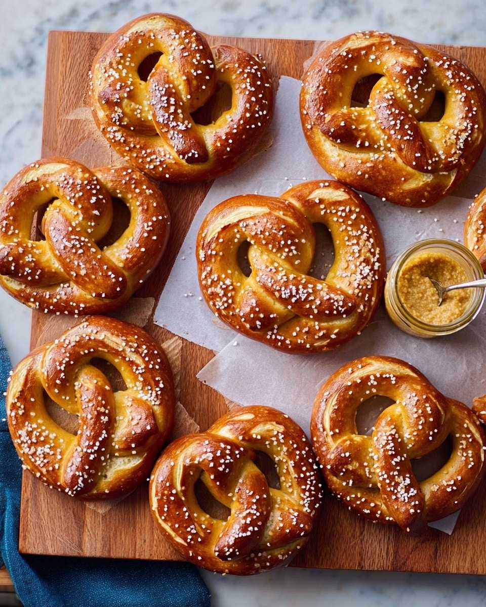 The image shows a soft pretzel placed on a wooden board with a close-up view. The pretzel has a rich golden-brown crust with a slightly shiny texture, sprinkled generously with coarse white salt crystals on top. The pretzel's shape is classic, with thick, twisted loops, and the surface shows some raised, fluffy dough around the edges. The wooden board has a natural grain pattern, and the background includes a white marbled texture. Photo taken with an iphone --ar 4:5 --v 7