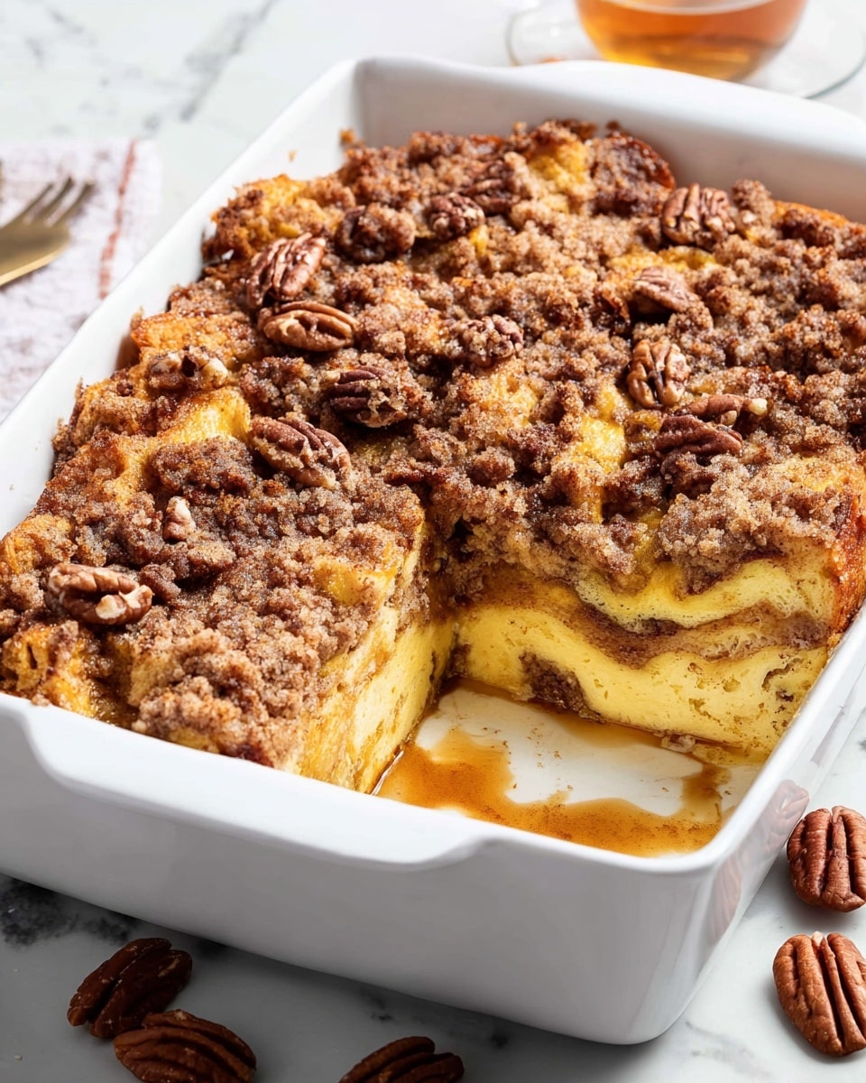 A thick slice of crumb cake sits on a white plate, showing three main layers: a dense, moist yellow cake base at the bottom, a middle layer of sticky cinnamon swirled filling, and a crumbly brown streusel topping with chopped pecans scattered throughout. On top of the cake is a swirl of white whipped cream dusted lightly with cinnamon. A silver fork held by a woman's hand is lifting a bite-sized piece from the front, revealing the soft texture inside. Nearby are whole pecans on the white marbled surface, and in the background is a small glass pitcher filled with amber syrup and a white baking dish with more crumb cake. photo taken with an iphone --ar 4:5 --v 7