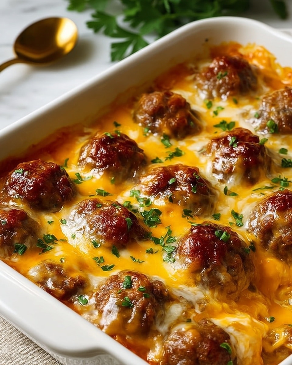 The image shows a white rectangular dish filled with baked meatballs covered in melted golden cheese. There are about four rows of small round brown meatballs with a slightly crispy, shiny surface. The meatballs sit on a layer of creamy, yellow-orange melted cheese that looks gooey and smooth. Small pieces of green chopped herbs are sprinkled on top, adding a fresh touch. A gold spoon and some blurred green leaves are in the background on a white marbled surface. photo taken with an iphone --ar 4:5 --v 7
