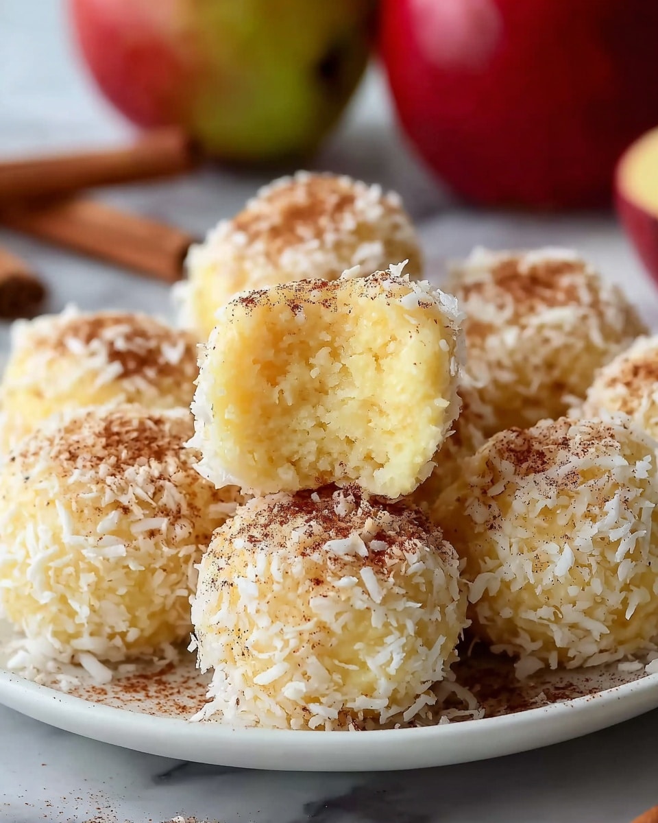 The image shows a white plate filled with round, bite-sized balls that have a soft, creamy yellow inside and are coated with shredded white coconut flakes and a light dusting of brown cinnamon powder, giving a textured outer layer. One ball is held in the foreground, showing a smooth, moist interior with a bite taken out, revealing its soft texture. The plate is set on a white marbled surface, with blurred red and green apples and cinnamon sticks in the background adding warm colors to the scene. photo taken with an iphone --ar 4:5 --v 7