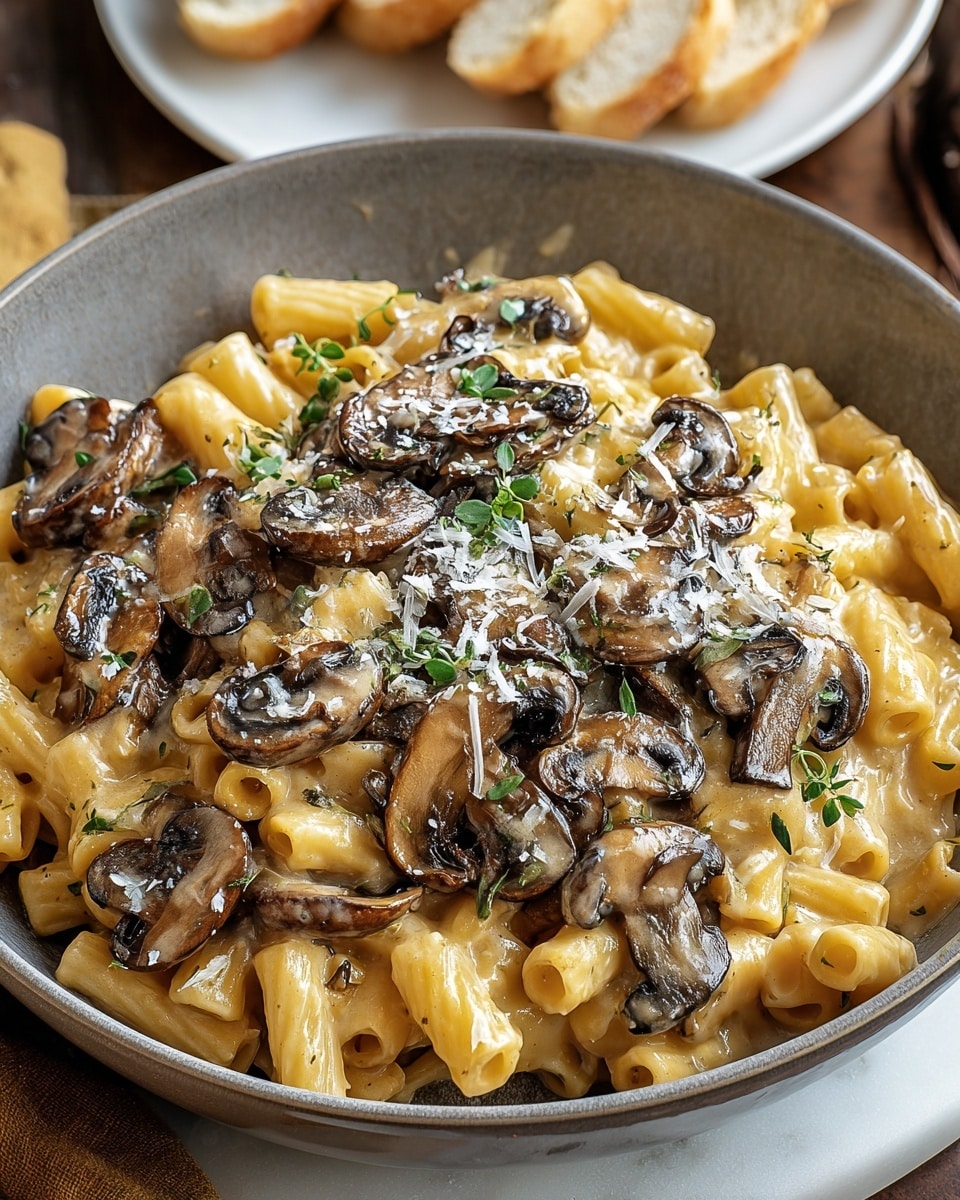 A gray bowl filled with creamy pasta made of short tube-shaped noodles coated in a light beige sauce. On top, there is a generous layer of sautéed dark brown mushrooms with a shiny texture, scattered evenly across the pasta. The dish is sprinkled with small bits of grated white cheese and tiny green herb leaves, adding contrast and detail. The bowl is placed on a white marbled surface with a blurred background showing a white plate of sliced bread. Photo taken with an iphone --ar 4:5 --v 7