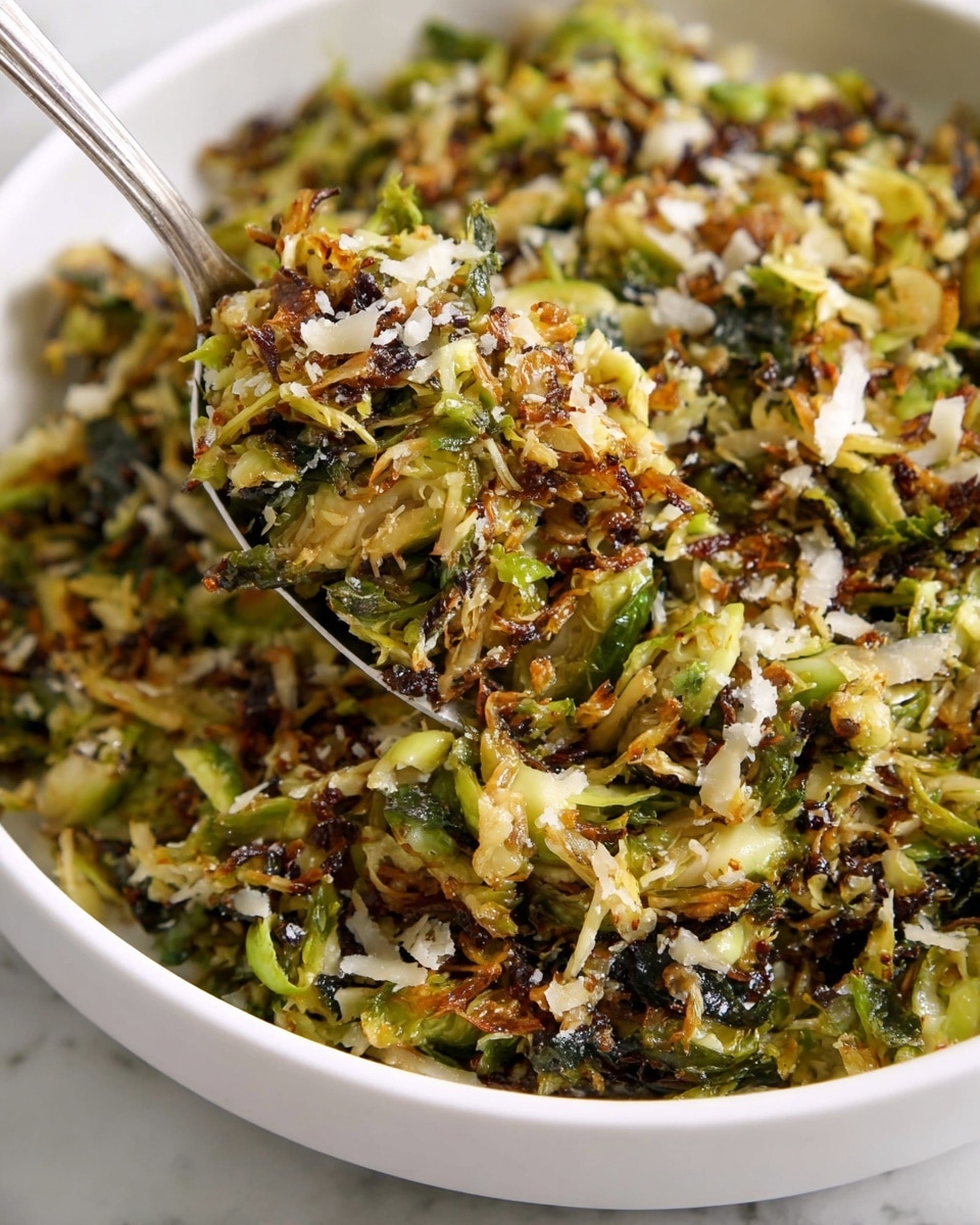 The dish is a shredded cooked vegetable mix piled inside a white oval bowl. The mix has a base layer of light green and pale yellow shredded cabbage with some darker green leafy bits mixed in. On top, there are crispy, browned edges and charred spots giving a textured look. There are also small white shreds sprinkled evenly across the top and tiny red flecks scattered around. The bowl rests on a white marbled surface with a green and black checkered cloth nearby. photo taken with an iphone --ar 4:5 --v 7