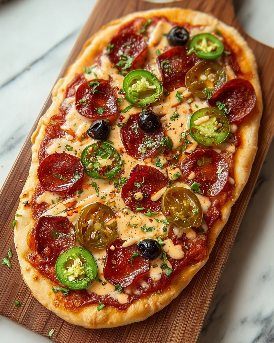 A small oval pizza sits on a wooden board over a white marbled surface, with a golden brown crust that is crisp around the edges. The base layer is a smooth, bright red tomato sauce spread evenly over the dough, topped with melted creamy white cheese that bubbles in places. Scattered on top are thin round slices of shiny reddish-brown pepperoni, bright green jalapeño rings with a slightly glossy texture, and matte black olive slices. Small bits of chopped green herbs are sprinkled across the pizza, adding fresh color. A slight drizzle of some creamy tan sauce and a few red pepper flakes are visible, giving the pizza a rich and spicy look. photo taken with an iphone --ar 4:5 --v 7