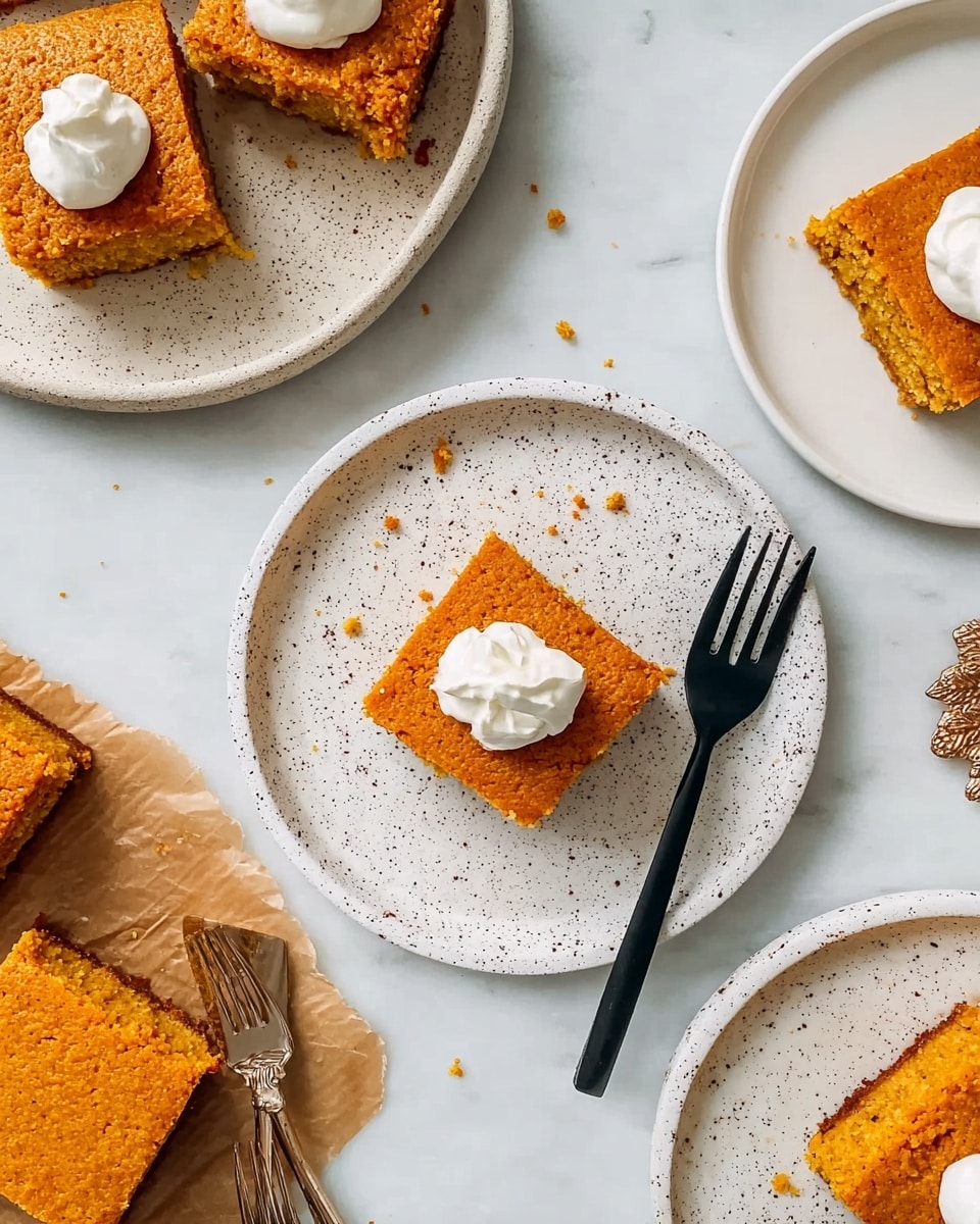 A close-up of a square slice of pumpkin dessert with two clear layers: a dense, light brown crust on the bottom and a thick, smooth, orange pumpkin layer on top. The dessert is on a white speckled plate with a metallic fork placed diagonally beside it. A small dollop of white whipped cream sits neatly on top of the pumpkin layer. In the background, blurred slices of the dessert rest on a wooden board and another slice on a white speckled plate, all set on a white marbled surface. Photo taken with an iphone --ar 4:5 --v 7