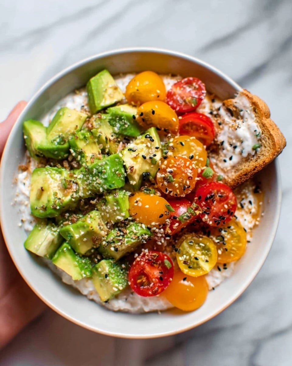 The image shows a bowl filled with three layers of food. The bottom layer is white and creamy, covering the whole bowl. On top of this, there are bright green chunks of avocado, cut into small cubes. Mixed with the avocado are small halves of red and yellow cherry tomatoes, adding vibrant color. Small black and white seeds are sprinkled over everything, creating a textured look. The bowl is white and placed on a white marbled surface. A woman's hand is holding a piece of toast with some avocado spread on it next to the bowl. Photo taken with an iphone --ar 4:5 --v 7