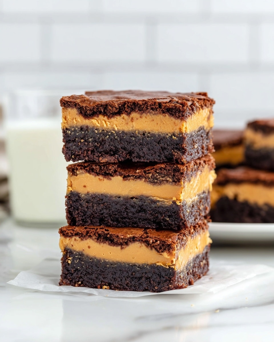 A stack of three square layered brownies is shown, each piece with three clear layers: a dark brown, slightly crumbly top layer, a thick middle layer of creamy peanut butter in a light tan color, and a dense, dark brown bottom layer, all neatly aligned. The brownies are placed on white parchment paper on a white marbled surface. In the background, there is a glass of milk and another plate with brownies, all set against a clean white tiled backdrop. The texture of the brownies looks rich and fudgy, with visible crumb details on the edges. Photo taken with an iphone --ar 4:5 --v 7