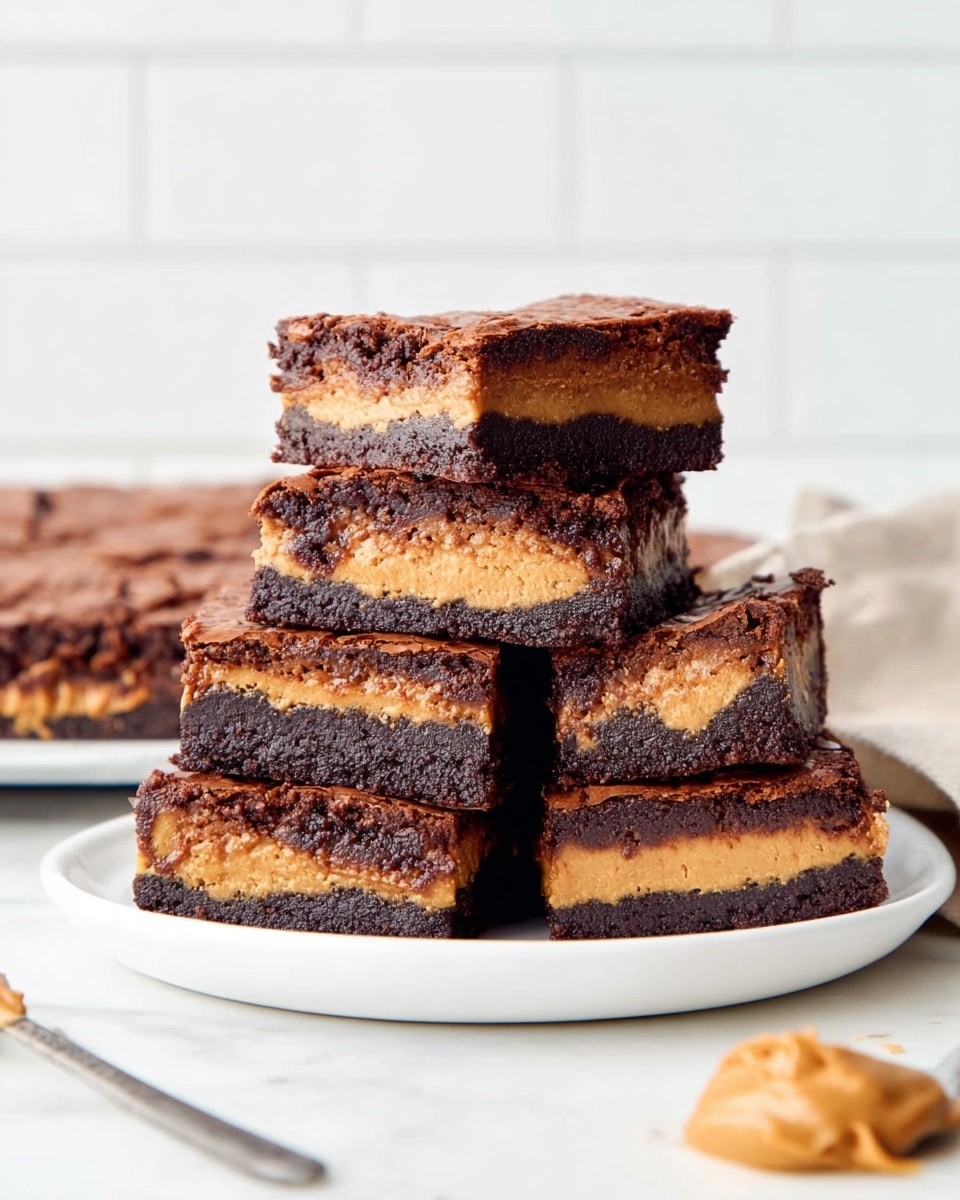 The image shows a white plate stacked with six square-shaped brownies, each having three distinct layers. The top and bottom layers are dark brown with a slightly crackled, glossy texture, indicating a rich chocolate brownie. The middle layer is thick, creamy, and light golden brown, resembling peanut butter filling. The brownies are neatly cut with clean edges, stacked unevenly to show each layer’s thickness. In the foreground, there is a blurred peanut butter dollop and a silver spoon resting on a white marbled surface, with a plain white tiled background. photo taken with an iphone --ar 4:5 --v 7