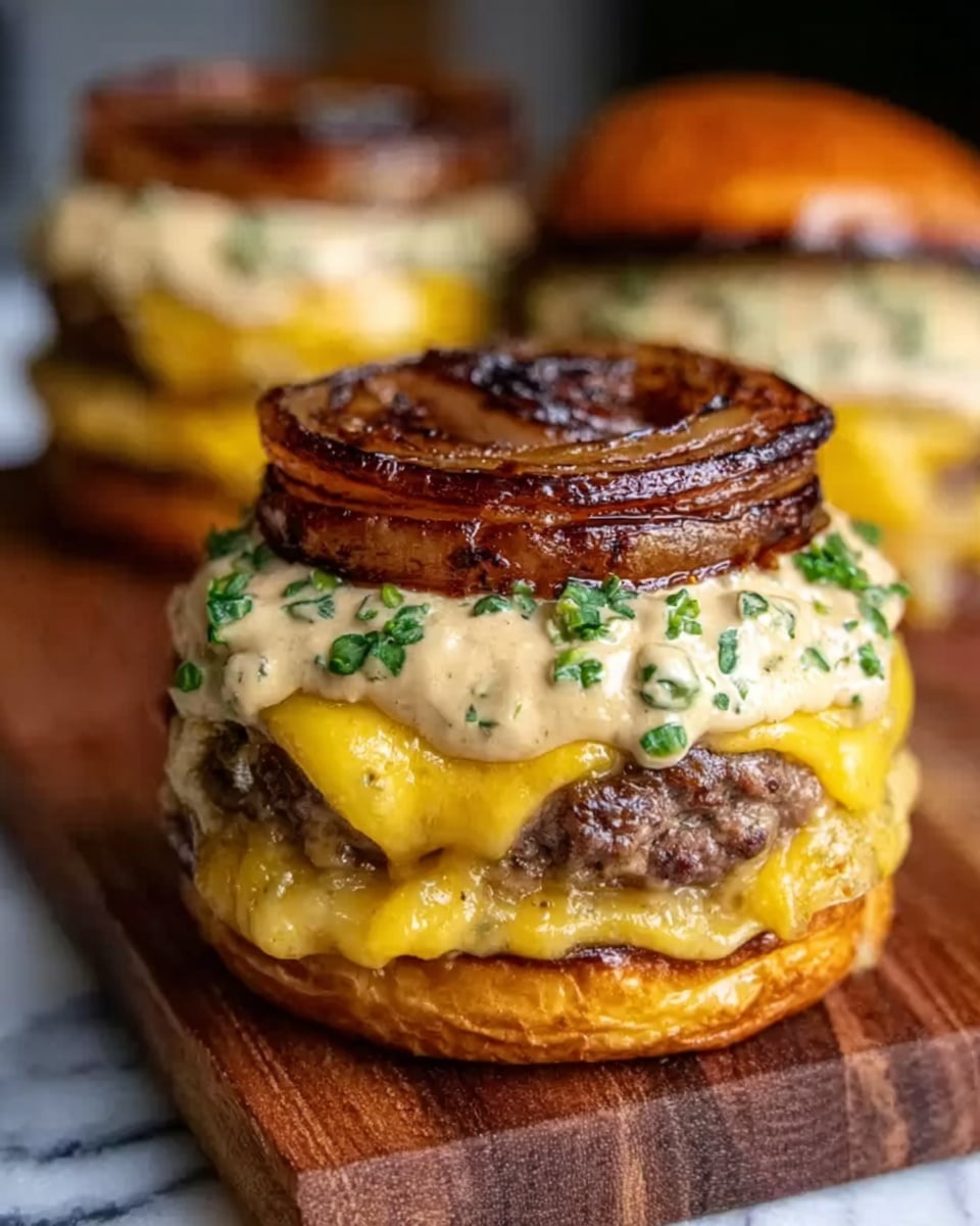 A close-up image of a cheeseburger placed on a wooden board over a white marbled surface. The burger shows three distinct layers: the bottom layer is thick and melted yellow cheese oozing over the edges of a juicy dark brown grilled beef patty. The middle layer is a creamy light beige sauce mixed with chopped green herbs, spread generously on top of the beef patty. The top layer is a glossy, caramelized brown onion ring, thick and slightly charred around the edges, placed neatly on the sauce. In the background, two similar stacked cheeseburgers are slightly out of focus. Photo taken with an iphone --ar 4:5 --v 7