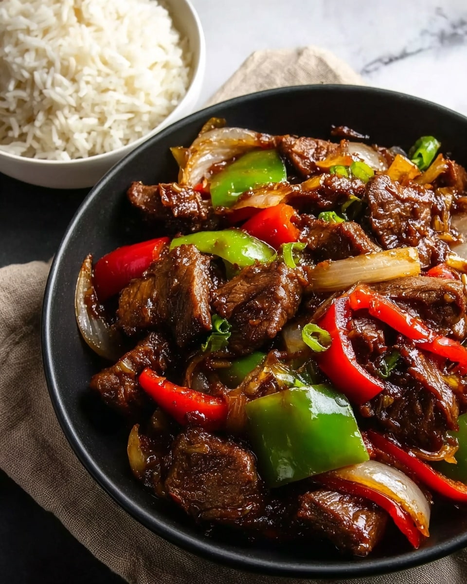 The image shows a black bowl filled with stir-fried beef pieces that are dark brown and glossy from sauce, mixed with bright green and red bell pepper chunks and translucent cooked onion slices. The bowl sits on a beige cloth, and there is another white bowl with plain cooked white rice in the top left corner. The background surface is a white marbled texture. The dish looks hot with steam rising. photo taken with an iphone --ar 4:5 --v 7