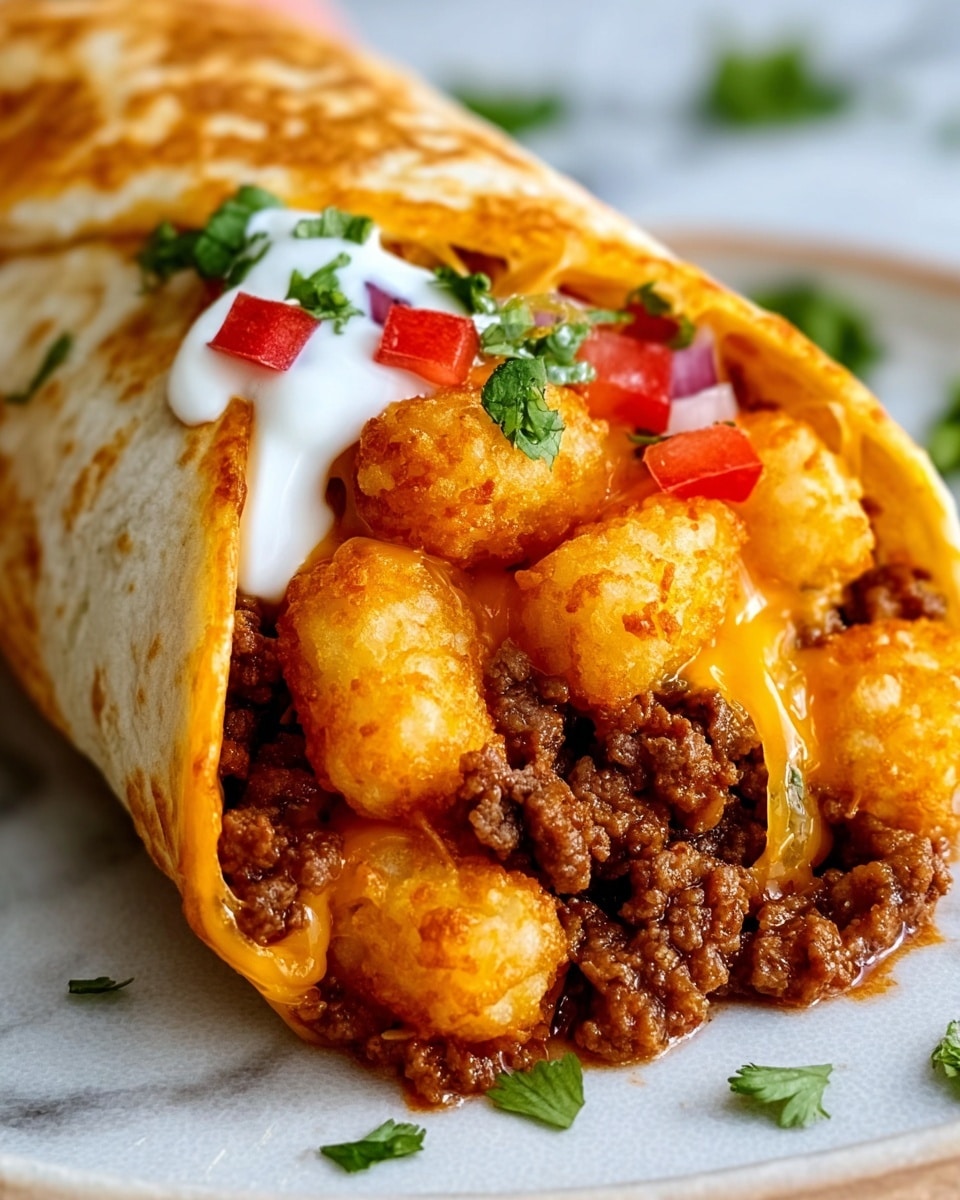 The image shows a close-up of a wrap cut open to reveal its filling, resting on a white plate with a white marbled background. Inside the wrap, the first layer is soft, golden-brown tortilla wrapped tightly around the fillings. The next layer is juicy cooked ground beef with a slightly crumbly texture and rich brown color, filling most of the wrap's interior. On top of the beef is a layer of melted bright orange cheddar cheese, softly melted and slightly glossy. Scattered on the cheese are golden-brown crispy tater tots, round and crunchy on the outside, adding texture and color contrast. On one side of the open wrap, there is a dollop of smooth white sour cream, with small pieces of diced red tomato and green cilantro sprinkled on top. A woman's hand is gently holding the wrap from the side. The whole image has warm tones and sharp focus that make the food look fresh and inviting photo taken with an iphone --ar 4:5 --v 7