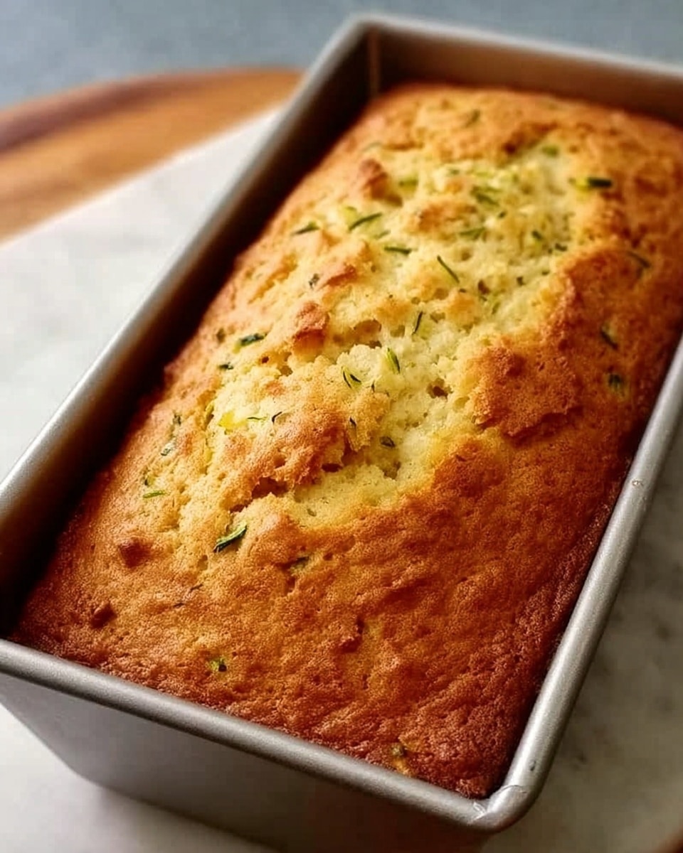 A golden-brown loaf cake with a slightly cracked top, showing green zucchini pieces scattered throughout the surface. The texture looks soft and moist, with small air pockets visible in the crust. The cake is baked in a silver rectangular loaf pan, sitting on a white marbled surface. The light highlights the warm, fresh-baked look of the bread. Photo taken with an iphone --ar 4:5 --v 7