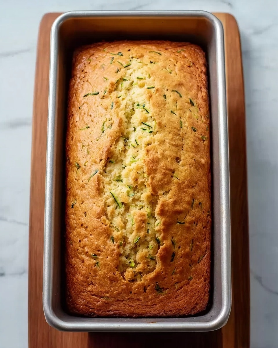 A freshly baked loaf of zucchini bread sits in a silver rectangular metal baking pan on a wooden board. The bread's top layer is golden brown with small green specks of zucchini visible, giving it a slightly rough texture with cracks running through the middle. The sides of the bread are a lighter golden color, showing it is well-baked and moist inside. The background features a white marbled surface, softening the overall look of the image. Photo taken with an iphone --ar 4:5 --v 7