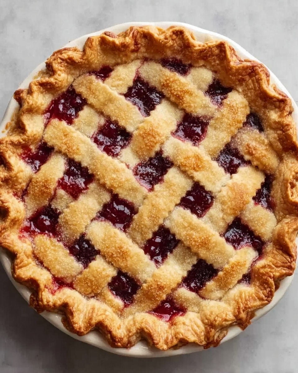 The image shows a round pie with a golden-brown crust in a white pie dish on a white marbled surface. The crust has a thick, wavy edge around the pie. On top, there is a lattice pattern made from wide, golden strips of dough with a slightly shiny, sugar-coated texture. Below the lattice, a dark red, glossy berry filling is visible, with some filling bubbling up near the edges. The overall look is warm and inviting, with the pie centered in the frame. Photo taken with an iphone --ar 4:5 --v 7