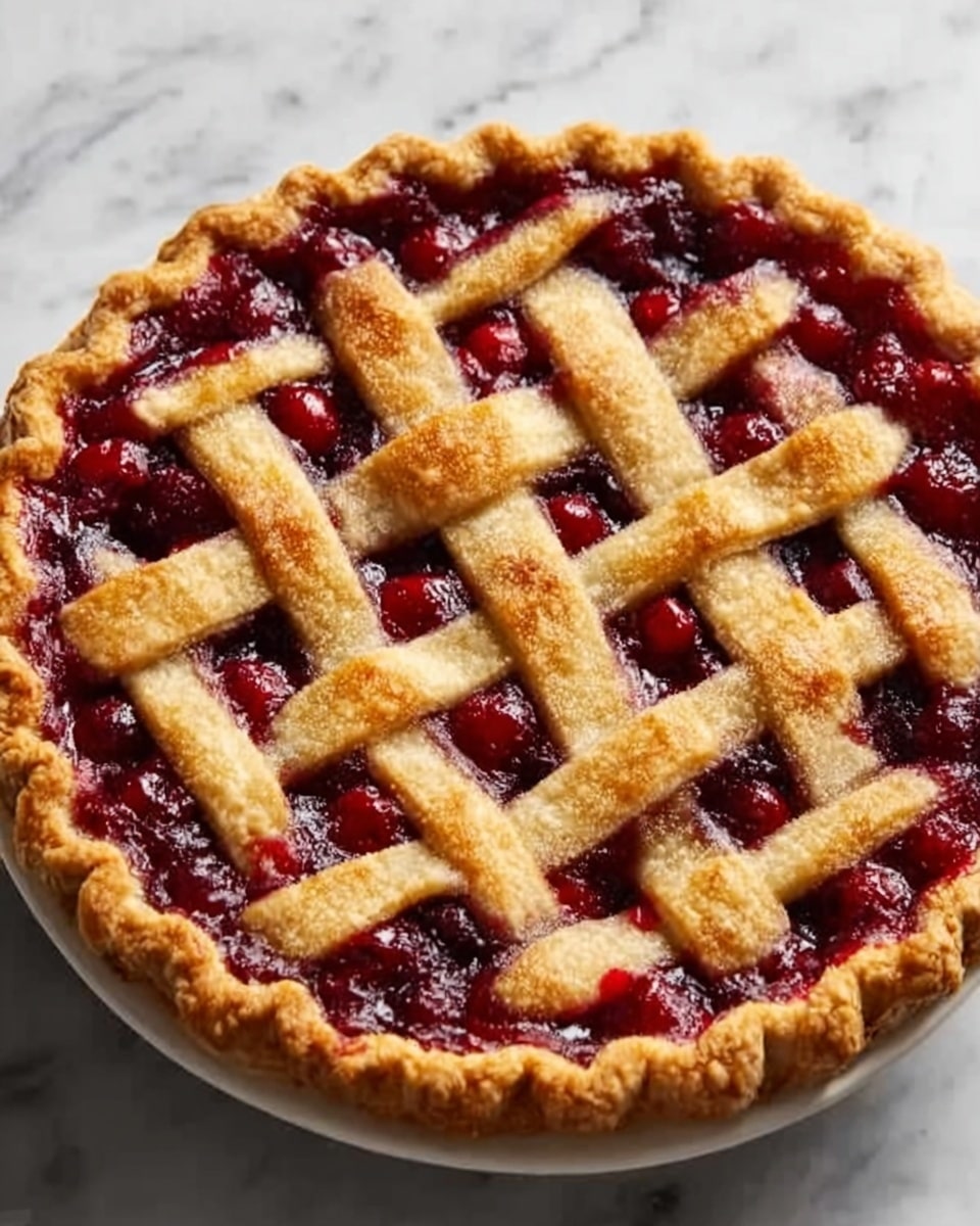 A round cherry pie with a golden-brown crust on the edges and a lattice top made of woven dough strips. The filling underneath the lattice is dark red and glossy, showing cherries and thick syrup. The pie is placed on a white plate and sits on a white marble surface. Photo taken with an iphone --ar 4:5 --v 7