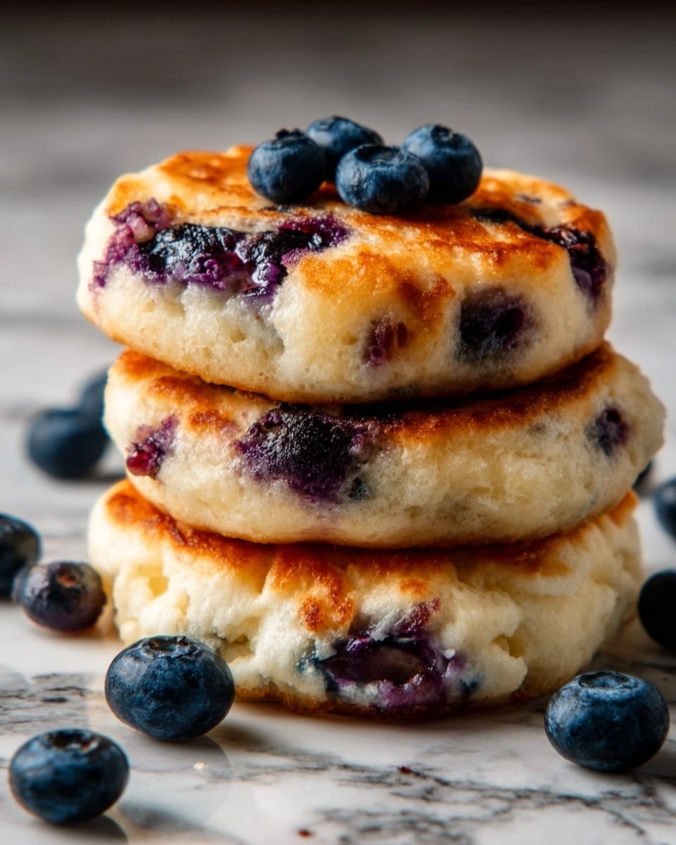 The image shows a stack of three thick, golden-brown blueberry pancakes on a white marbled surface. Each pancake has a light, fluffy texture with blueberries visible inside and on top, some of which are slightly bursting with juice. The stack looks soft and warm, with blueberries scattered around the base. The colors mainly include the warm golden tones of cooked pancake edges and the dark blue and purple of the fresh blueberries. Photo taken with an iphone --ar 4:5 --v 7