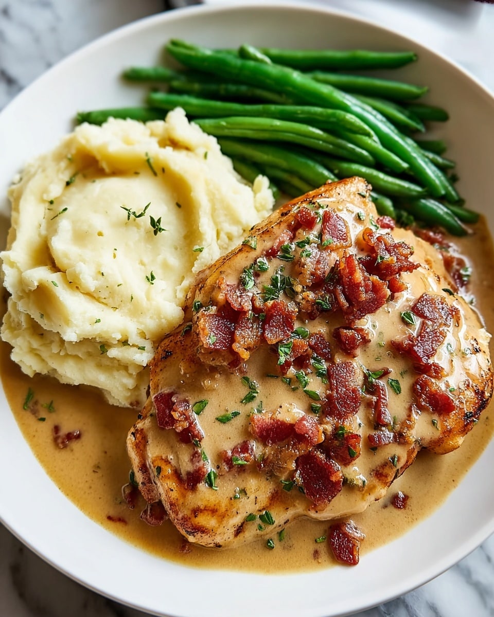 A white plate contains three parts: on the left, a scoop of creamy mashed potatoes with a smooth texture and a few small lumps, on the top side, a bunch of bright green, gloss-finished green beans stacked neatly, and on the right, two grilled chicken breasts covered by a thick, light brown gravy sprinkled with small crispy bacon bits and green herbs on top, all resting on a white marbled surface. photo taken with an iphone --ar 4:5 --v 7