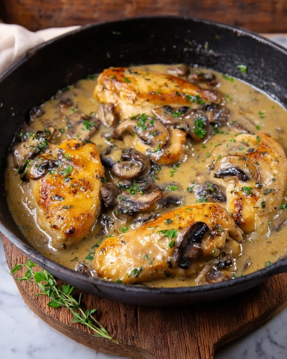 The image shows a black cast iron pan filled with four pieces of golden-brown cooked chicken breasts, each piece resting in a thick, creamy brown mushroom sauce with visible slices of dark mushrooms and green herbs sprinkled on top. The sauce has a smooth, glossy texture coating the chicken evenly. The pan sits on a rustic wooden board, and a small sprig of green herb adds a touch of freshness near the pan. The background features a white marbled texture. photo taken with an iphone --ar 4:5 --v 7