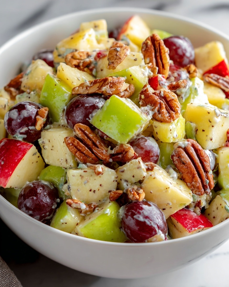 A white bowl full of a colorful fruit salad sits on a white marbled surface. The salad has several layers: the base is made of chunky pieces of green and red apple with shiny skin, mixed with light yellow pineapple chunks. Scattered through the mix are dark red grapes, and the top layer has rough brown pecan halves adding texture. The fruit is coated lightly with a creamy, slightly speckled dressing that makes the pieces glisten. The bowl is close-up, showing the mix in detail with fresh and vibrant colors. photo taken with an iphone --ar 4:5 --v 7