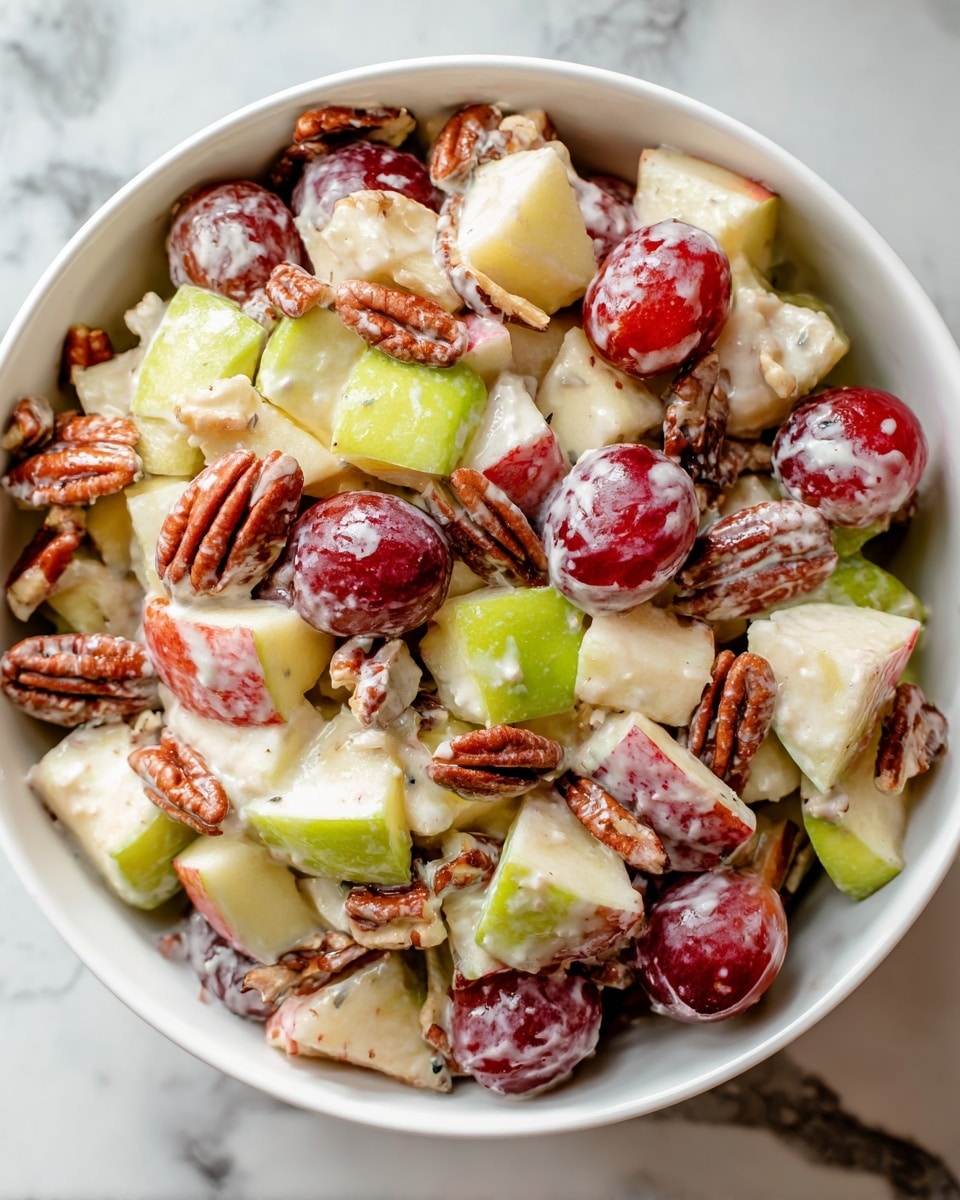 A white bowl filled with a colorful fruit salad sits on a white marbled surface. The salad has three main layers of ingredients: large chunks of red and green apple pieces with shiny skins, whole red grapes that add a deep purple color, and small pieces of brown pecans scattered throughout. All ingredients are coated lightly with a creamy white dressing, making the textures look smooth and glossy. The photo is closely shot from above, showing the freshness and mix of colors clearly. photo taken with an iphone --ar 4:5 --v 7
