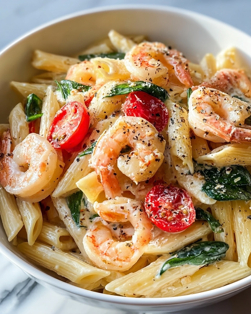 A white bowl filled with creamy pasta made of pale yellow penne noodles coated in a smooth white sauce. On top, there are several pink shrimp with a slight orange tint, evenly placed around the bowl. Bright red cherry tomato halves are scattered between the shrimp and pasta, some sprinkled with grated cheese and small green spinach leaves. Black pepper is lightly dusted over the whole dish, adding a speckled texture. The bowl is set on a white marbled surface. photo taken with an iphone --ar 4:5 --v 7