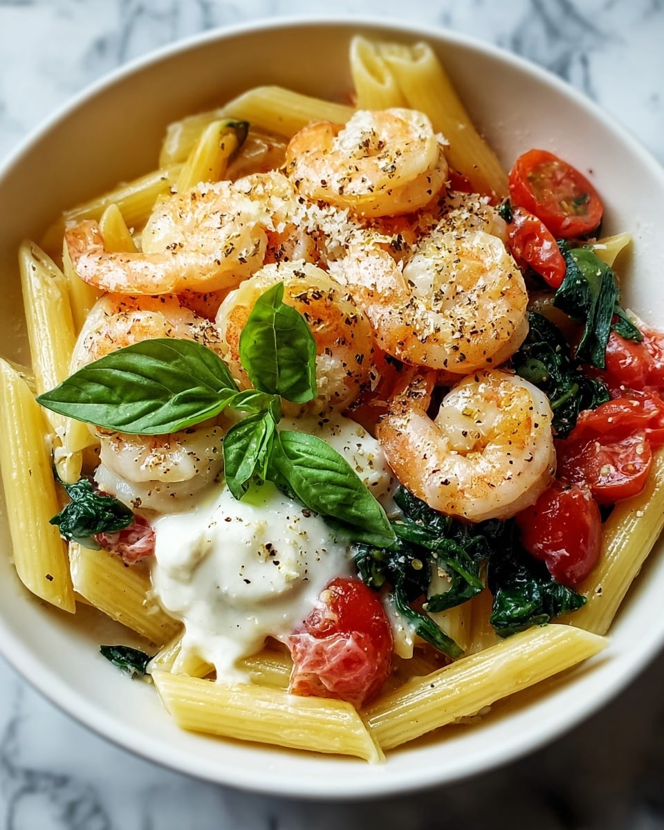 A white bowl holds a pasta dish with three layers: the bottom layer has light yellow penne pasta, the middle layer is mixed with bright red cherry tomatoes and dark green wilted spinach leaves, and the top layer features pinkish-orange cooked shrimp sprinkled with coarse black pepper and grated cheese. A dollop of white creamy sauce is placed near the center, topped with a fresh green basil leaf. The textures range from smooth pasta to juicy tomatoes and tender spinach, with the shrimp looking slightly glossy. The bowl sits on a white marbled surface. photo taken with an iphone --ar 4:5 --v 7