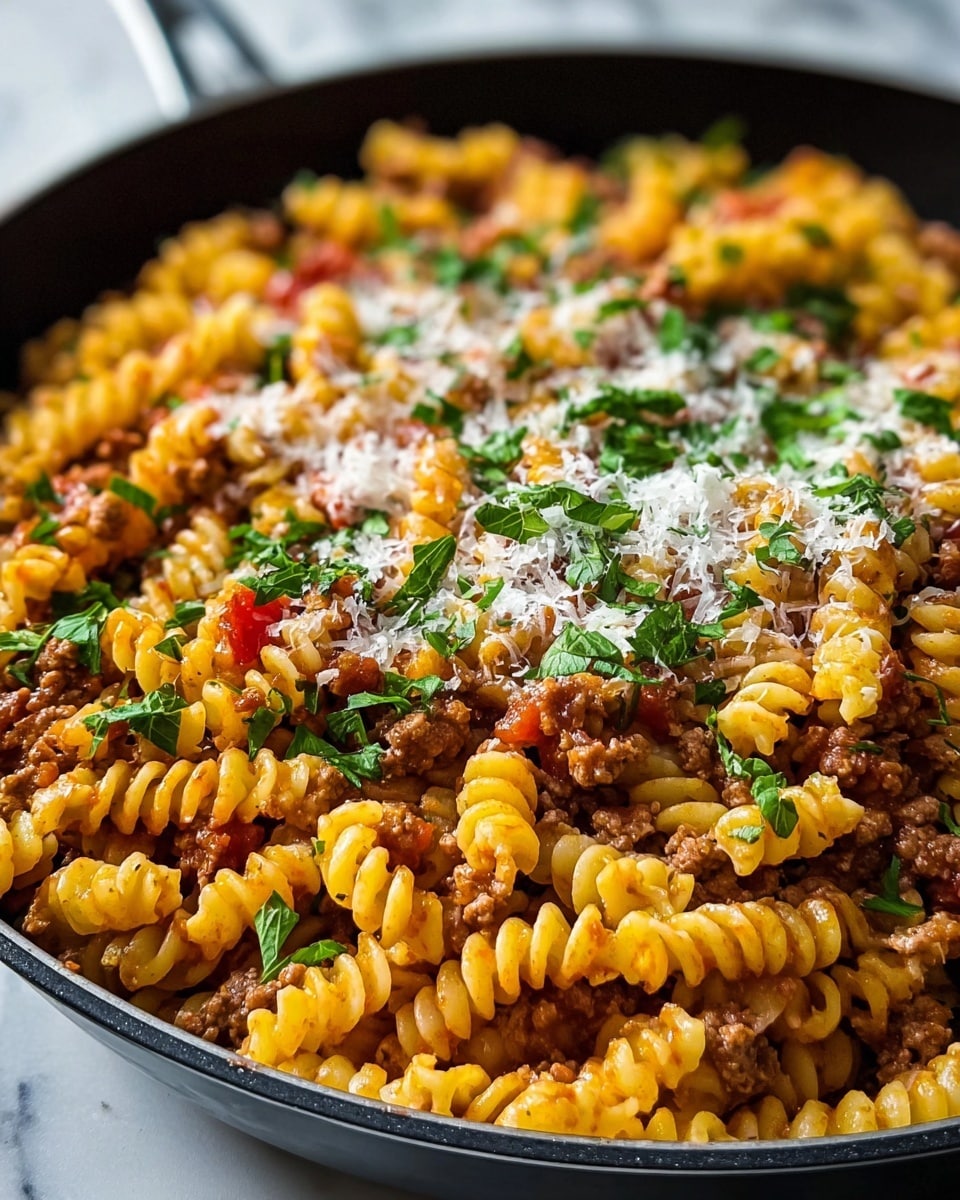 A close-up view of a pan filled with three layers of food: the bottom layer is cooked rotini pasta in a bright yellow-orange color, the middle layer is ground meat in small brown crumbles mixed with bits of red tomato, and the top layer is a sprinkle of white grated cheese and fresh green chopped herbs scattered evenly across the dish, all inside a black pan on a white marbled surface photo taken with an iphone --ar 4:5 --v 7