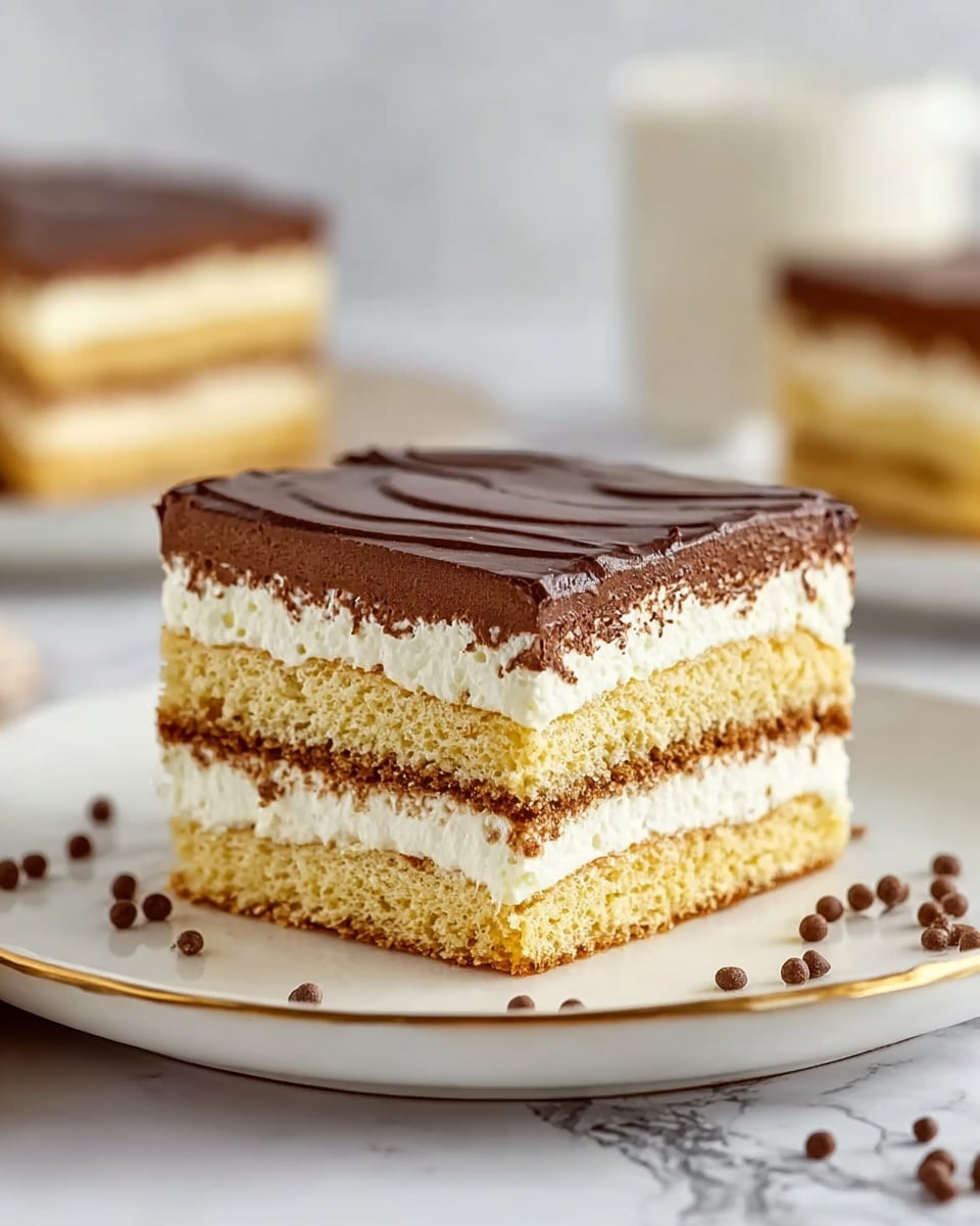 The image shows a square slice of layered cake on a white plate with a gold rim, placed on a white marbled surface. The cake has four main layers: starting from the bottom, there is a light brown sponge layer with a soft and airy texture, followed by a thick creamy white layer, then another similar sponge layer, topped with a second thick white cream layer, and finished with a smooth, glossy dark chocolate layer on top with slight waves. Some small round brown sprinkles are scattered around the plate for decoration. In the background, a blurred second slice of the cake on a similar white plate is partially visible. Photo taken with an iphone --ar 4:5 --v 7