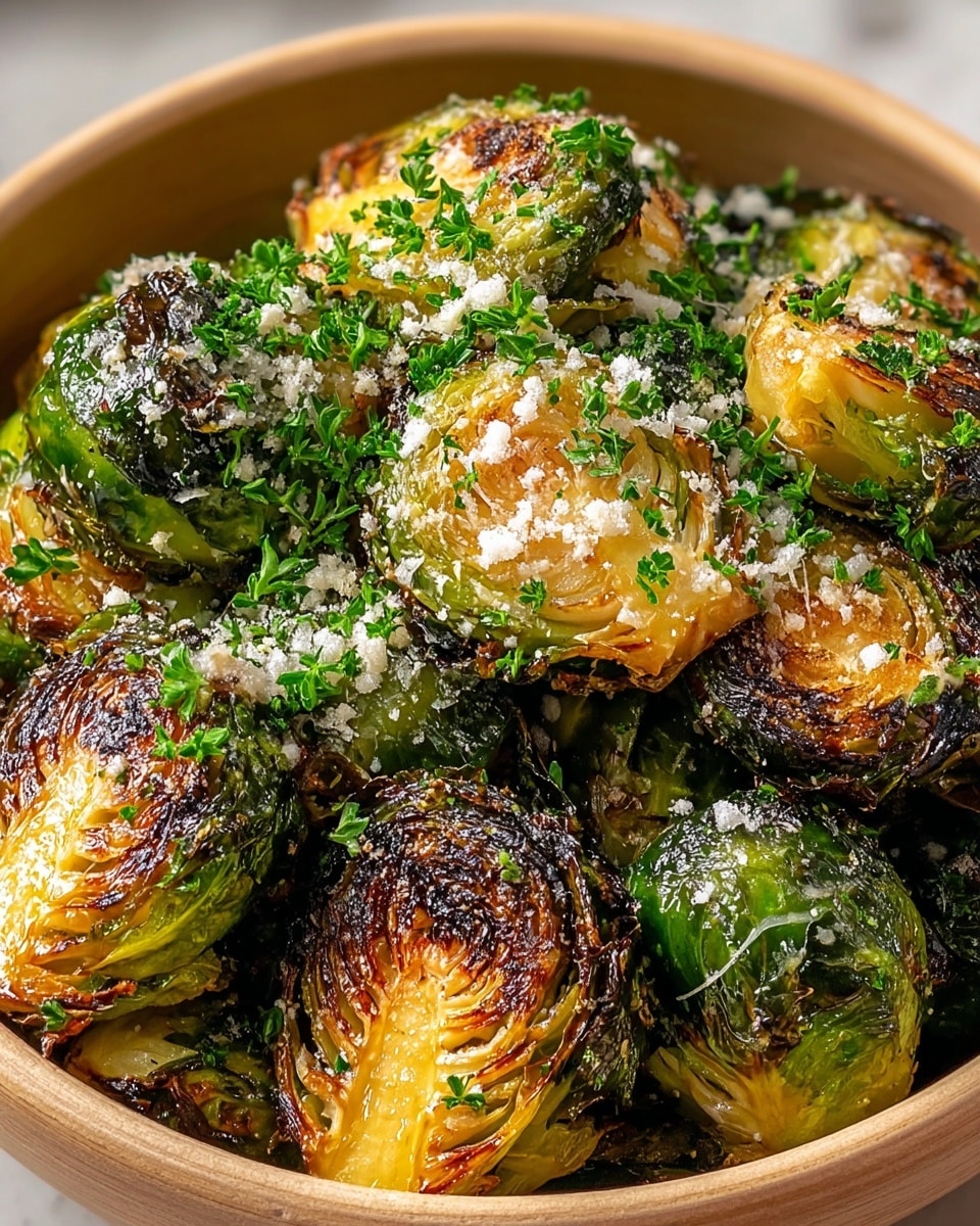 The image shows a close-up of a bowl filled with cooked Brussels sprouts, each cut in half and caramelized to a deep golden brown with some darker charred spots on the outer leaves. The Brussels sprouts have a glossy green and yellow surface and are topped with a layer of finely chopped fresh green herbs and a sprinkling of white grated cheese or garlic bits, adding texture and contrast. The bowl is light tan with smooth edges, resting on a white marbled texture. The overall look is vibrant and fresh with a mix of crispy and tender layers. photo taken with an iphone --ar 4:5 --v 7