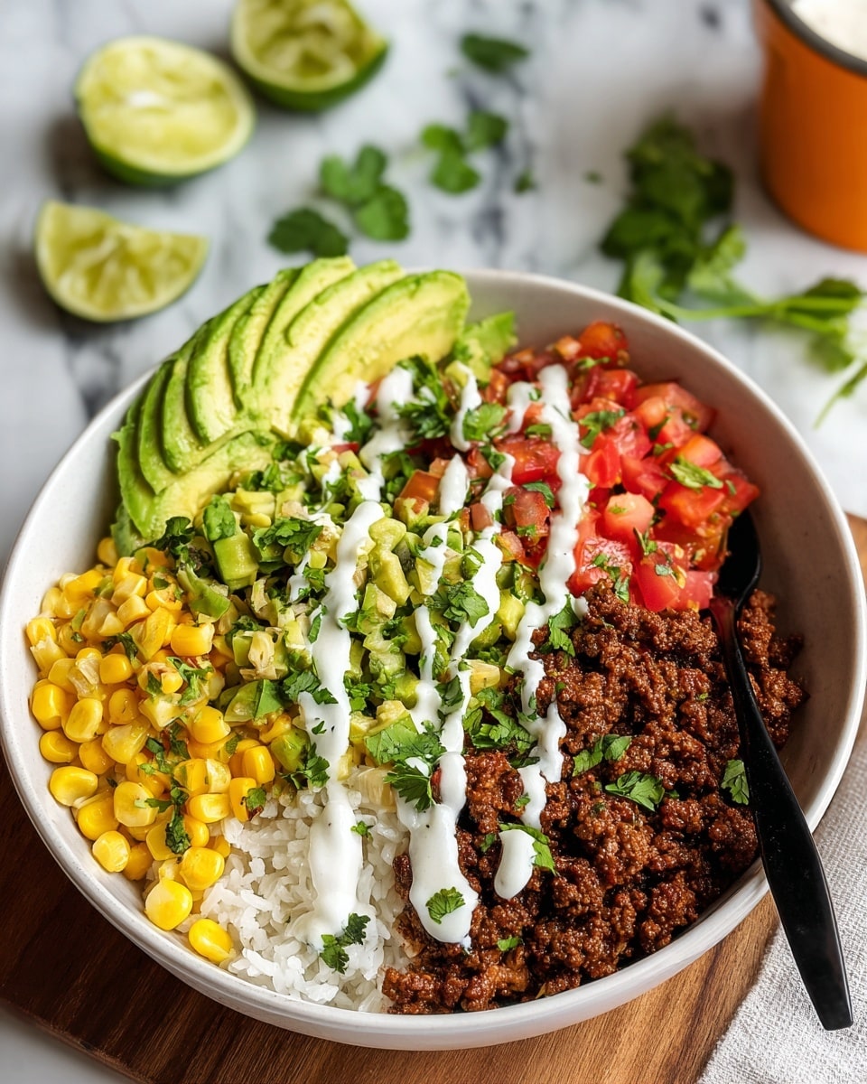 A white bowl with four main layers of food arranged side by side: cooked ground beef on the right with a crumbly brown texture; next to it, bright red chopped tomatoes with a fresh, juicy look; then shredded green lettuce with thin, leafy textures; and finely shredded yellow cheese on the far left. On top, chunky green avocado pieces and small chopped cilantro leaves cover parts of the layers. Thin lines of pale green creamy sauce are drizzled across the bowl diagonally. The bowl sits on a white marbled surface. Photo taken with an iphone --ar 4:5 --v 7