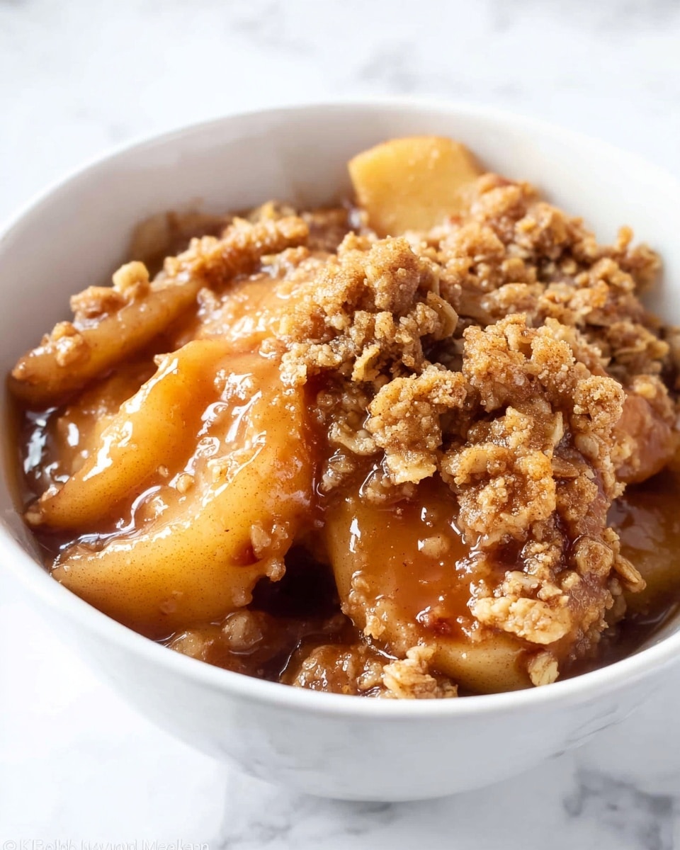 The image shows a close-up of a white bowl filled with a warm apple crumble dessert. The dish has two main layers visible: the bottom layer consists of soft apple slices coated in a glossy, light brown caramel sauce with a slightly gooey texture, while the top layer is made of crumbly, golden-brown oat streusel with a rough texture and some cinnamon specks. The crumble topping looks crunchy and is unevenly spread over the gooey apples, creating a rustic and inviting appearance. The bowl is placed on a white marbled surface, enhancing the warm colors of the dessert. photo taken with an iphone --ar 4:5 --v 7