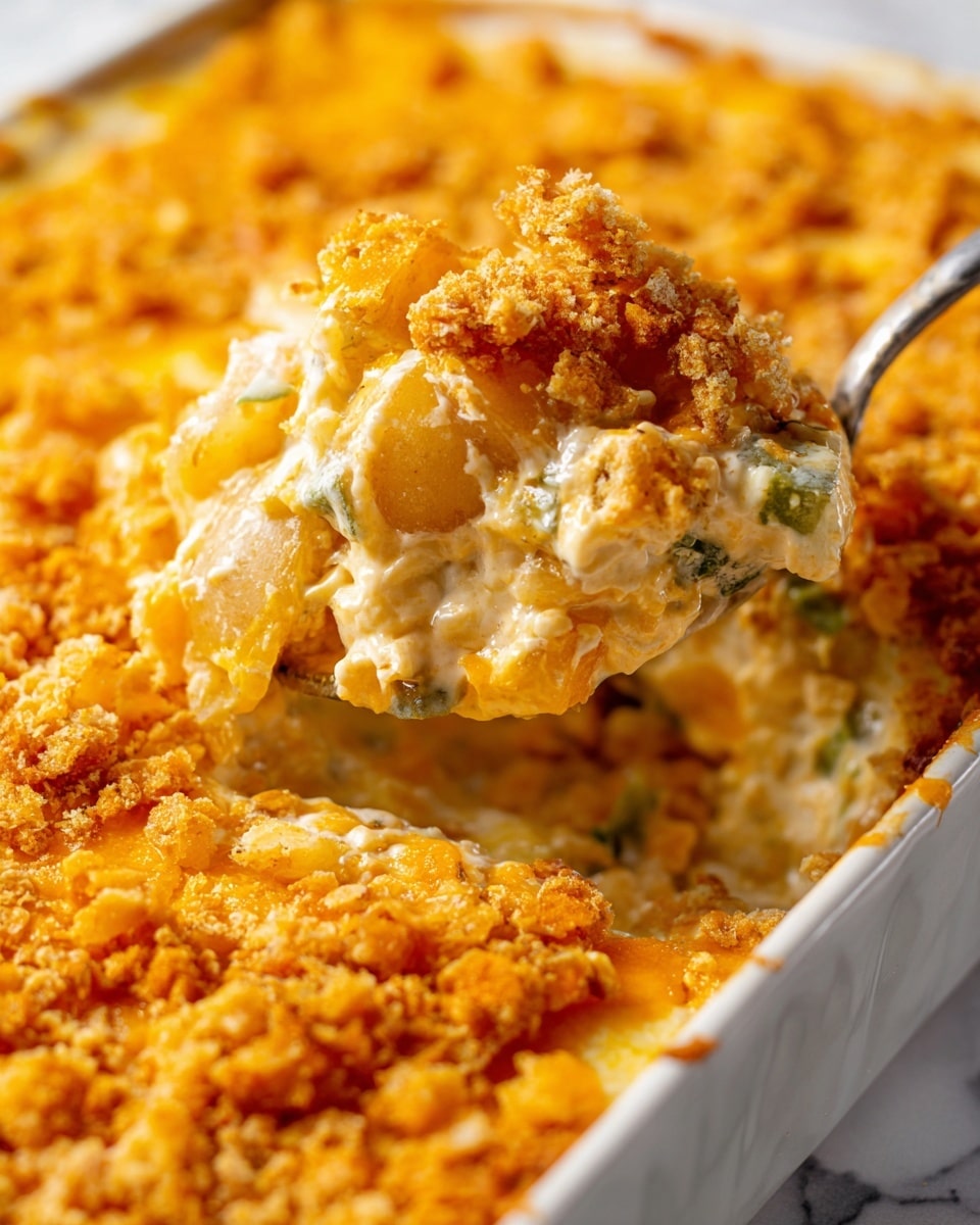 A white rectangular baking dish contains a creamy casserole topped with a thick layer of golden, crunchy crumbs that cover the entire surface. The crumb layer is textured with small and large pieces, giving a rough, crispy look. A spoon lifts a portion from the bottom right corner, showing inside several layers: a creamy white sauce mixed with light yellow chunks of potatoes and small green herb bits, all beneath the textured crumb topping. The dish sits on a white marbled surface. Photo taken with an iphone --ar 4:5 --v 7